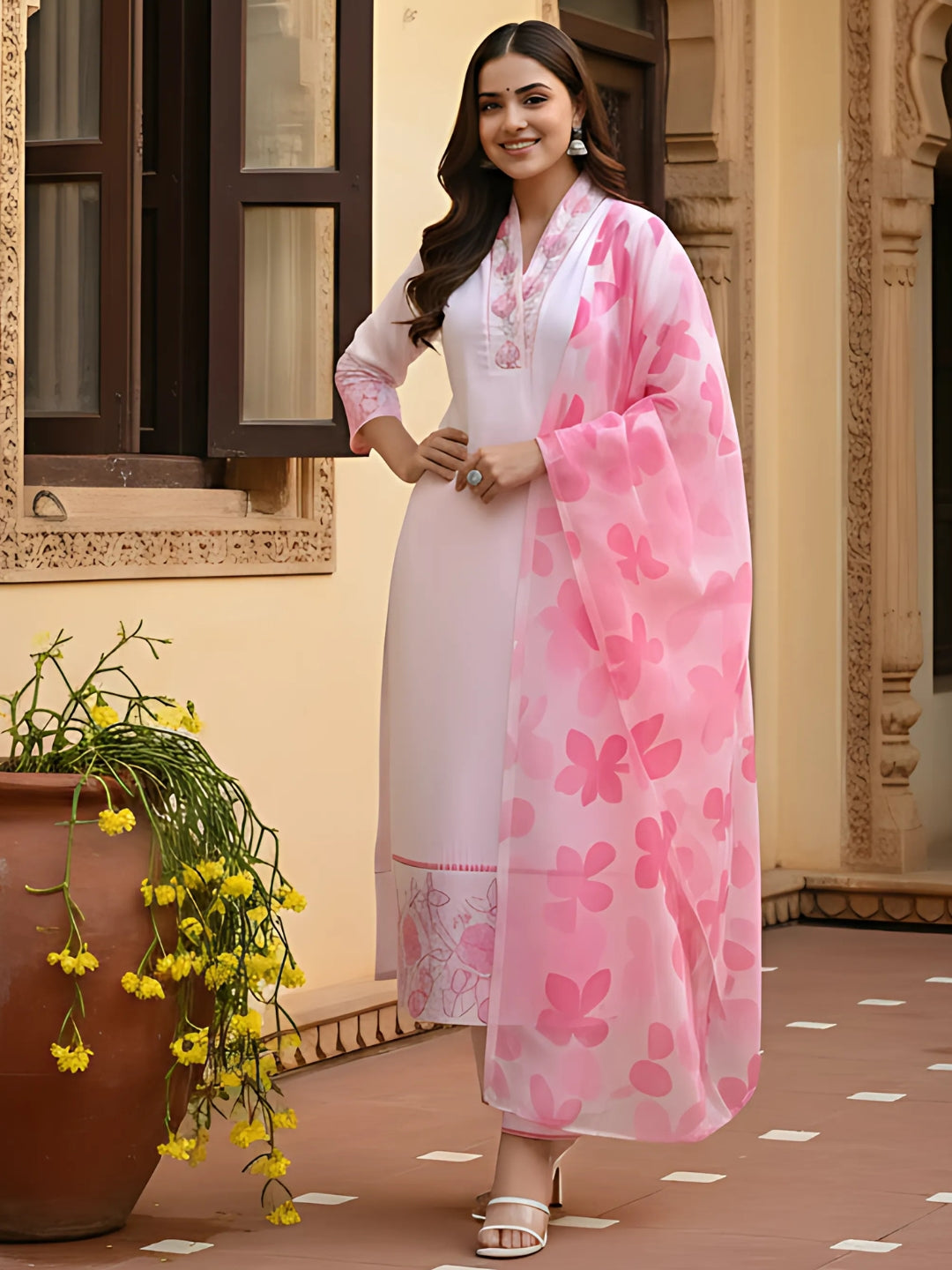 Elegant Pink Printed Chanderi Kurti Set with Silk Kota Dupatta – Festive & Daily Wear (S–XXL)