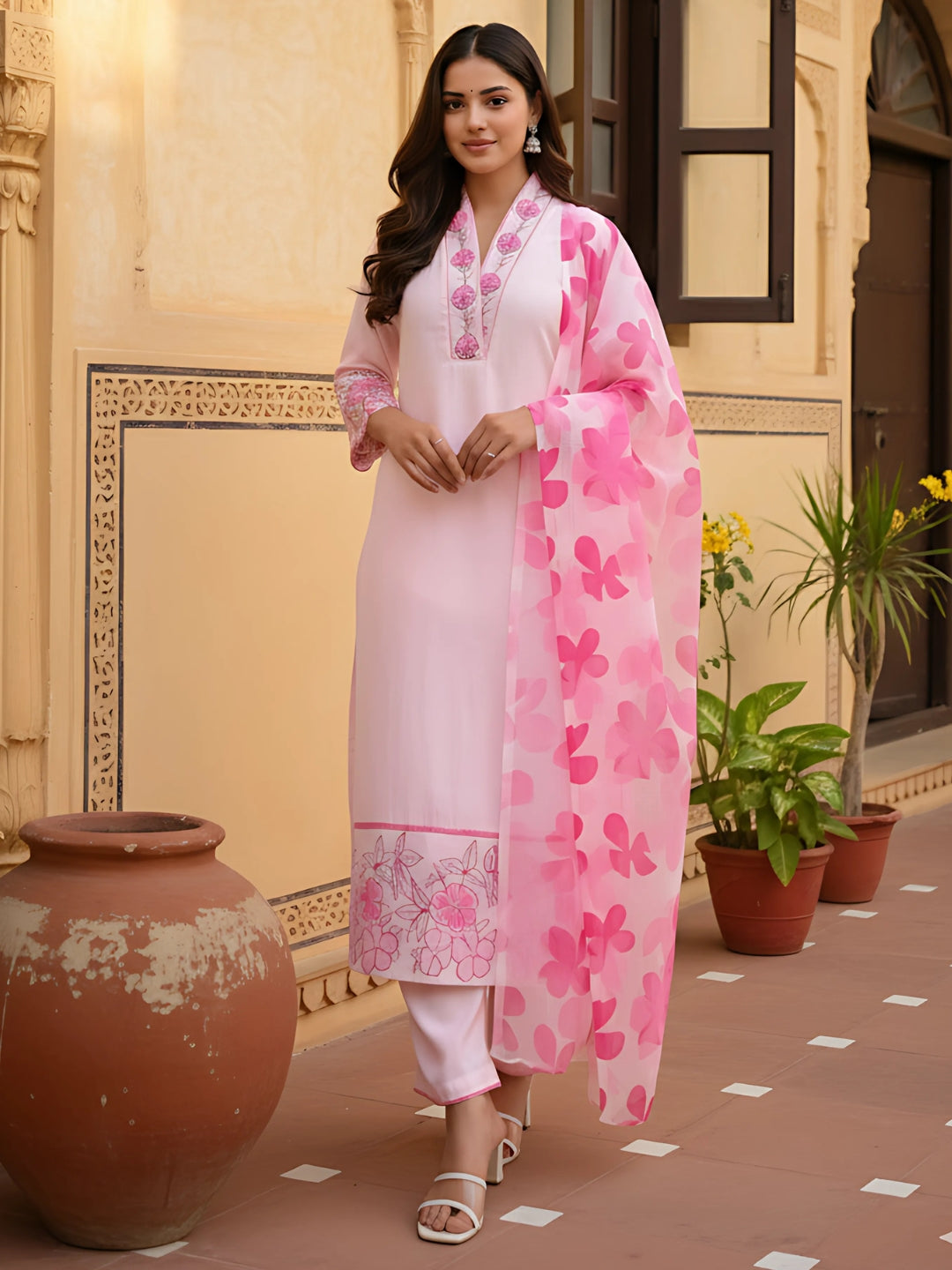 Elegant Pink Printed Chanderi Kurti Set with Silk Kota Dupatta – Festive & Daily Wear (S–XXL)