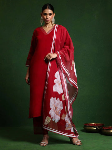 Elegant Red Embroidered PV Chanderi Kurti Set with Premium Organza Dupatta (3-Piece Ethnic Suit)