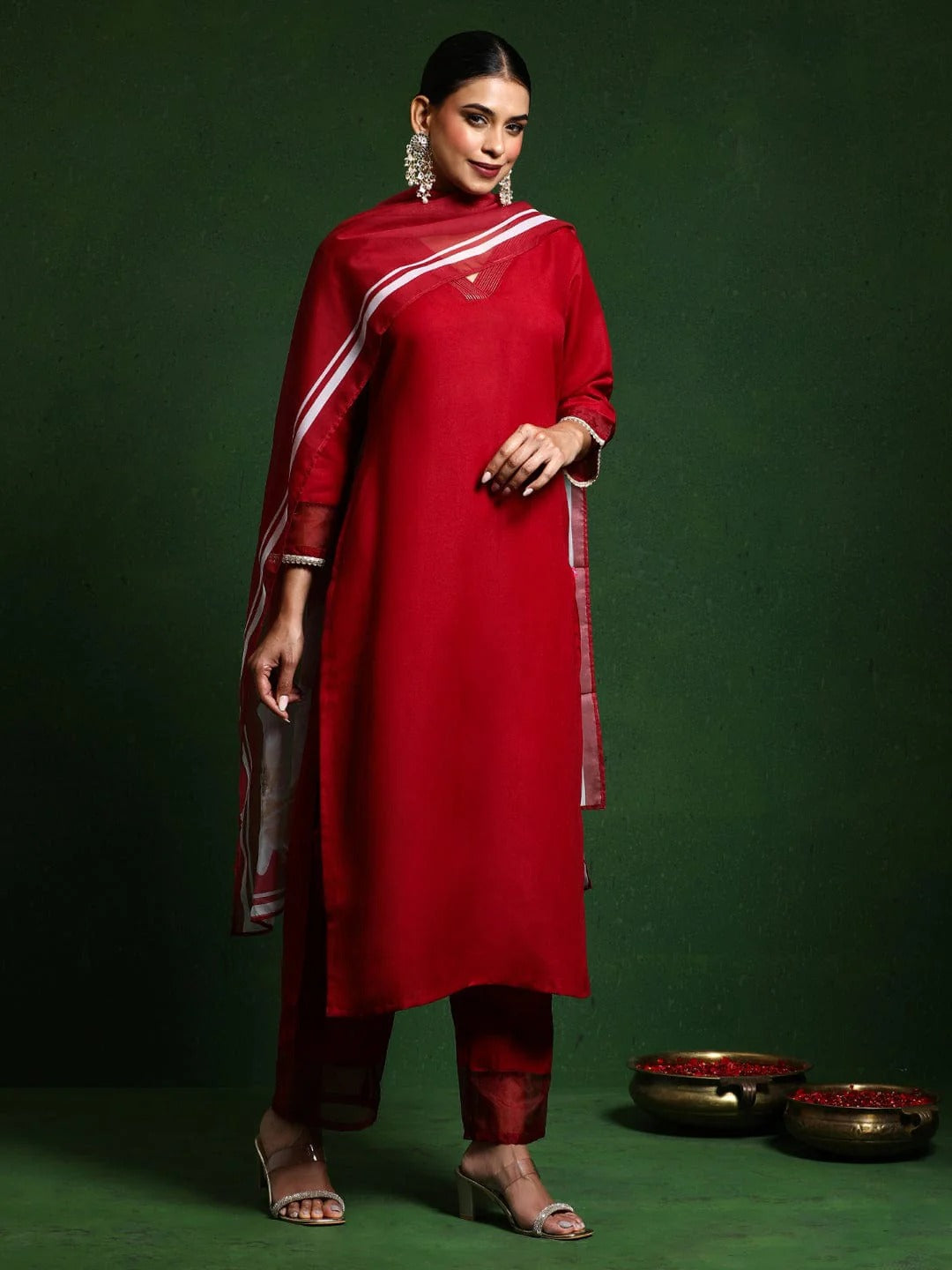 Elegant Red Embroidered PV Chanderi Kurti Set with Premium Organza Dupatta (3-Piece Ethnic Suit)