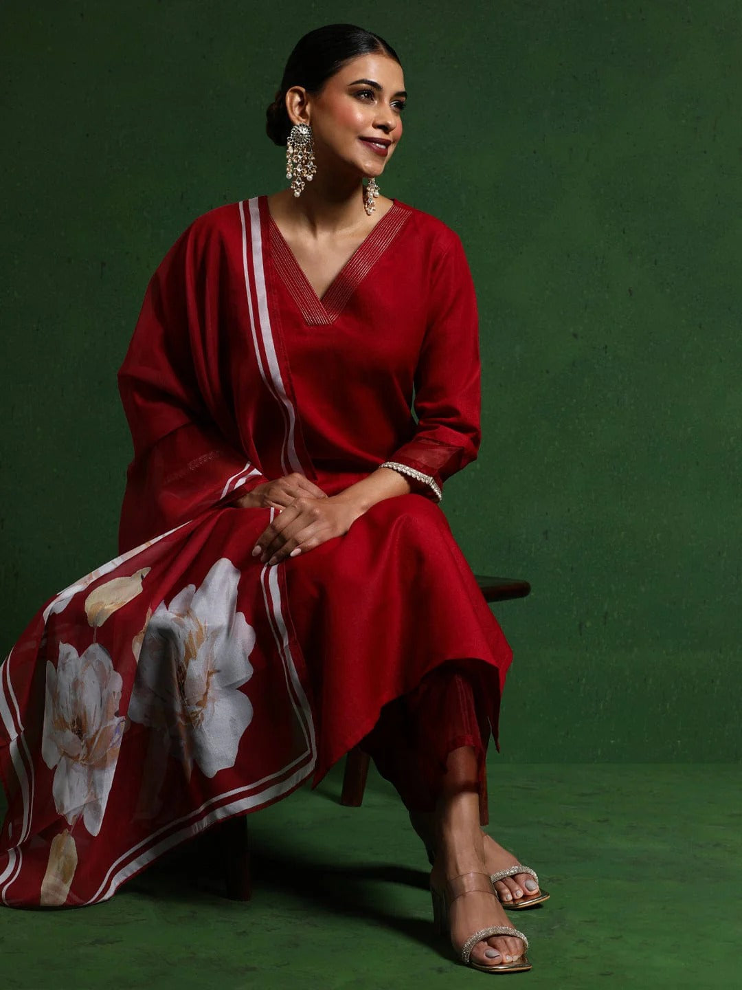 Elegant Red Embroidered PV Chanderi Kurti Set with Premium Organza Dupatta (3-Piece Ethnic Suit)