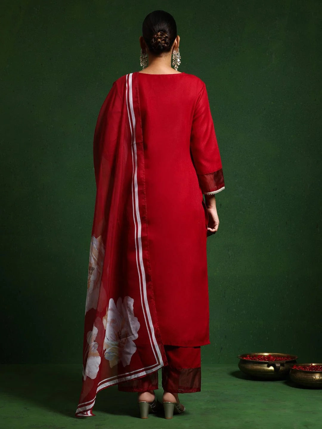 Elegant Red Embroidered PV Chanderi Kurti Set with Premium Organza Dupatta (3-Piece Ethnic Suit)