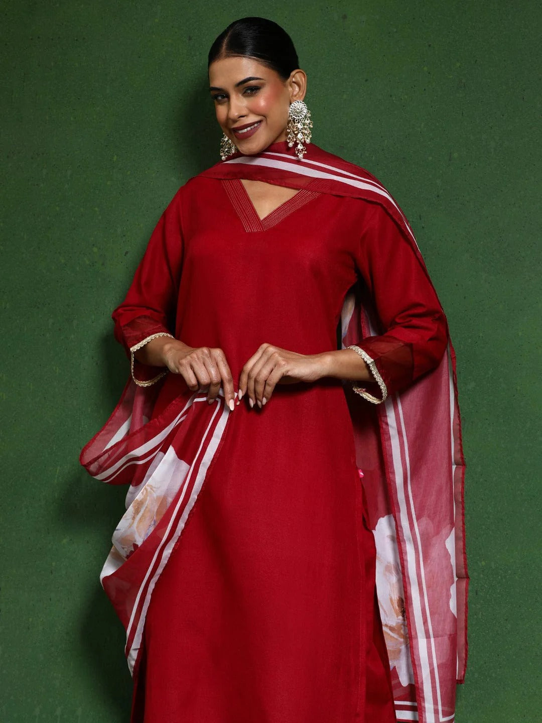 Elegant Red Embroidered PV Chanderi Kurti Set with Premium Organza Dupatta (3-Piece Ethnic Suit)