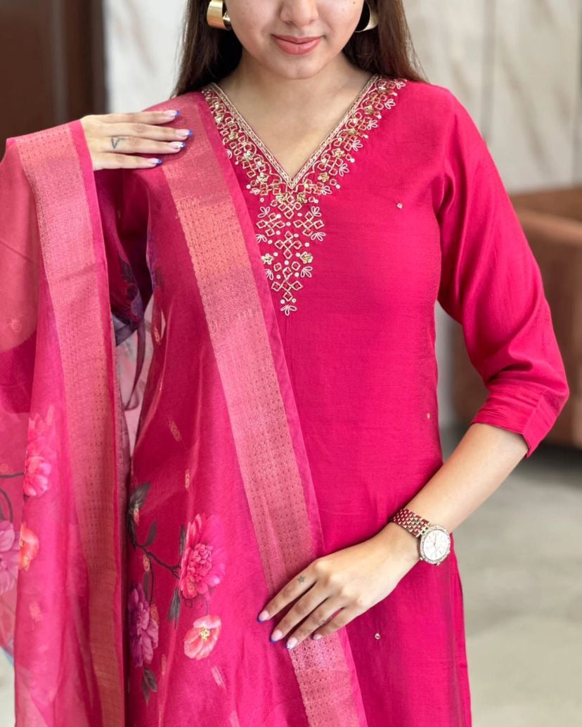 Elegant Pink Viscose Chanderi Embroidered Kurti Set with Organza Dupatta | Festive Wear for Women