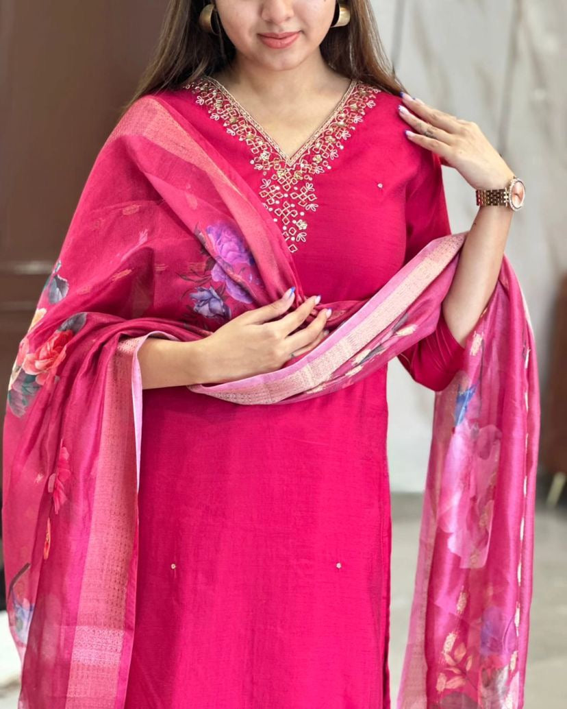 Elegant Pink Viscose Chanderi Embroidered Kurti Set with Organza Dupatta | Festive Wear for Women
