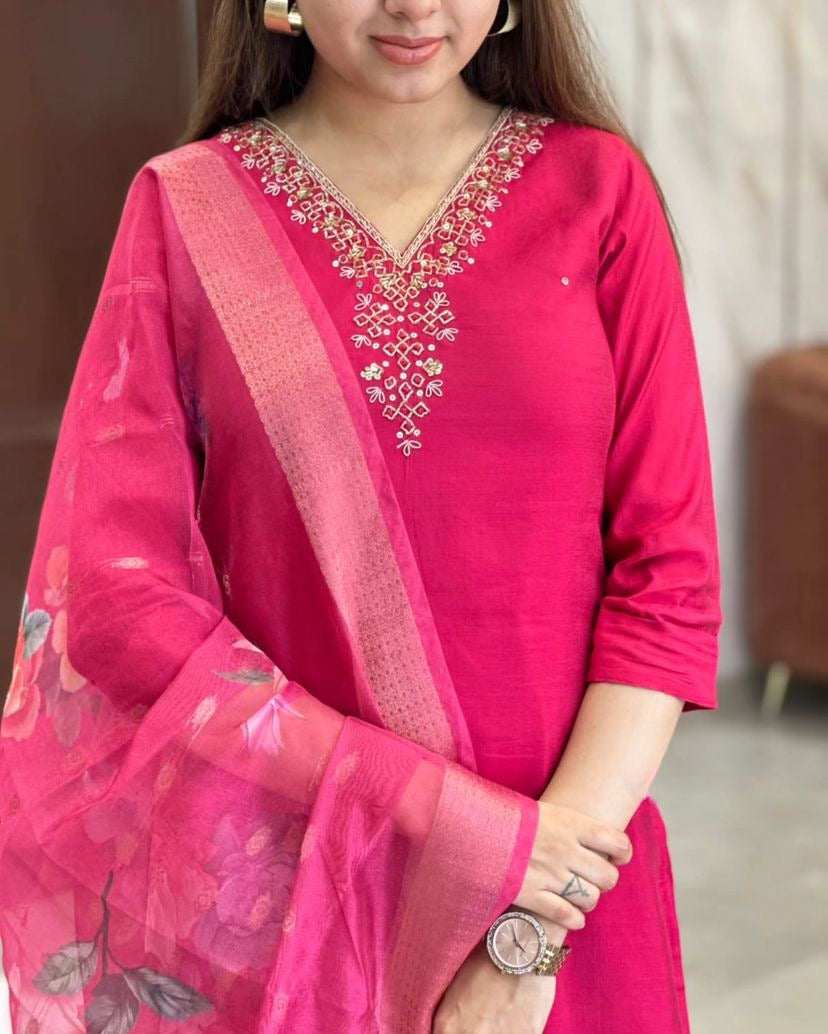 Elegant Pink Viscose Chanderi Embroidered Kurti Set with Organza Dupatta | Festive Wear for Women