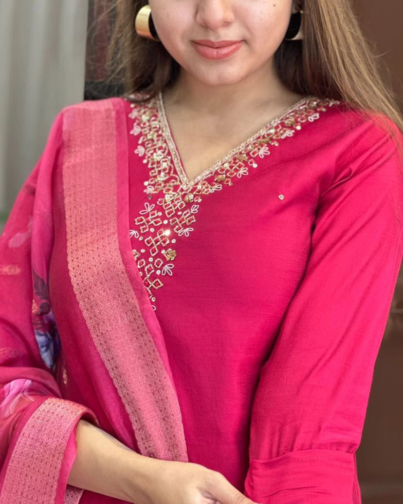 Elegant Pink Viscose Chanderi Embroidered Kurti Set with Organza Dupatta | Festive Wear for Women
