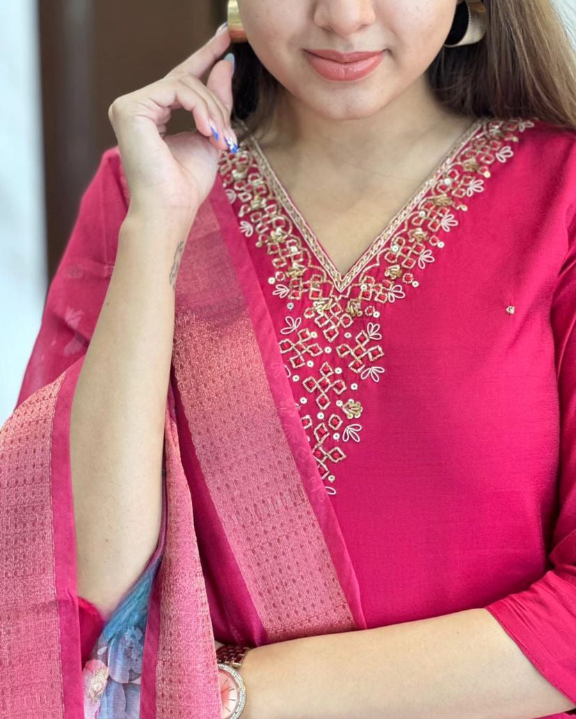Elegant Pink Viscose Chanderi Embroidered Kurti Set with Organza Dupatta | Festive Wear for Women