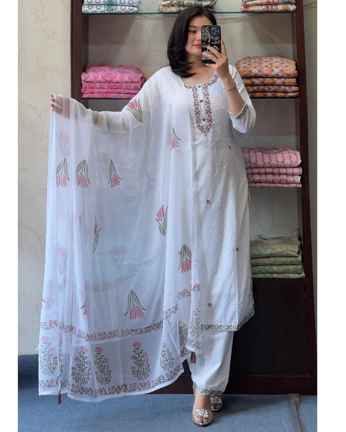 Elegant White Embroidered Georgette Kurti Set with Organza Dupatta | Festive & Casual Wear (S–XXL)