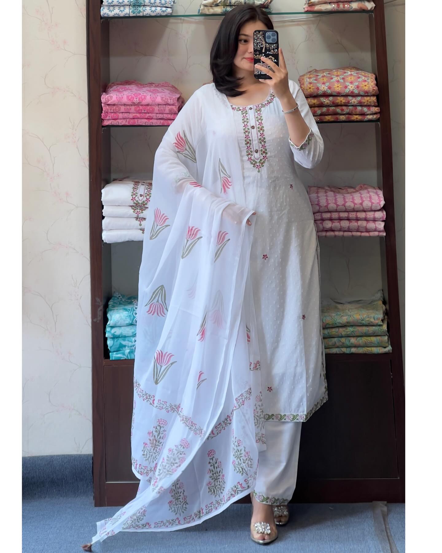 Elegant White Embroidered Georgette Kurti Set with Organza Dupatta | Festive & Casual Wear (S–XXL)