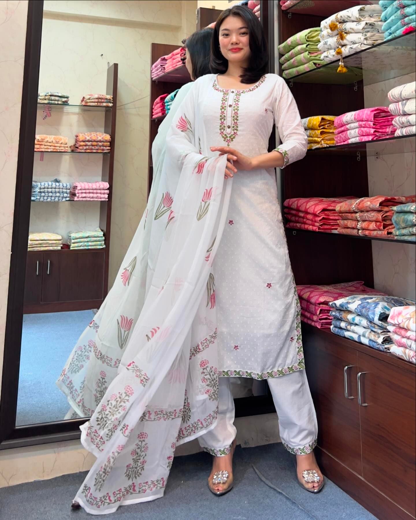 Elegant White Embroidered Georgette Kurti Set with Organza Dupatta | Festive & Casual Wear (S–XXL)