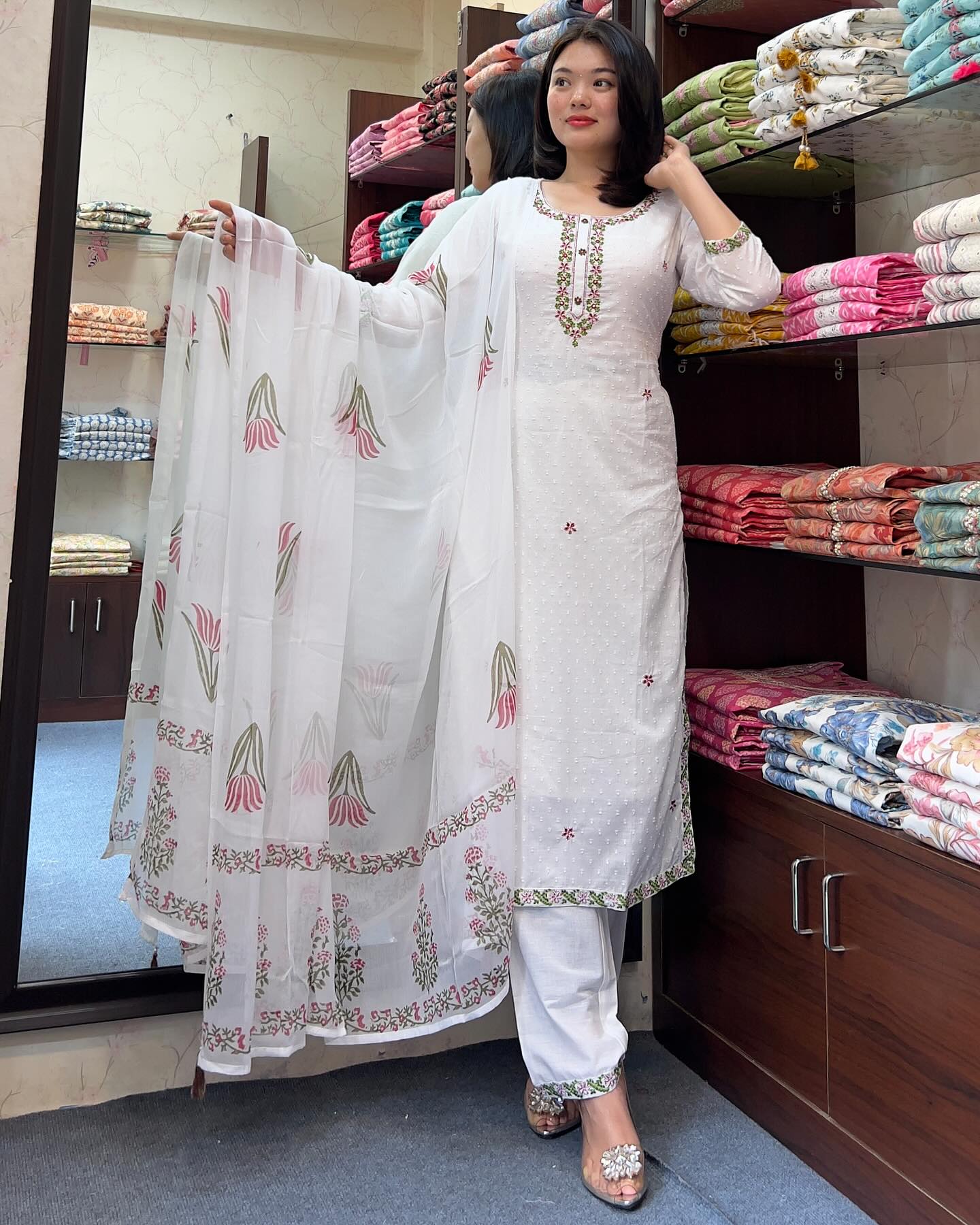 Elegant White Embroidered Georgette Kurti Set with Organza Dupatta | Festive & Casual Wear (S–XXL)