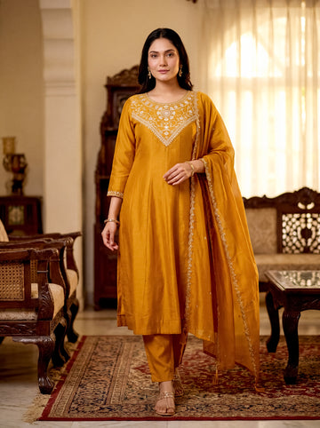 Elegant Mustard Vichitra Silk Embroidered Flared Kurti Set with Dupatta