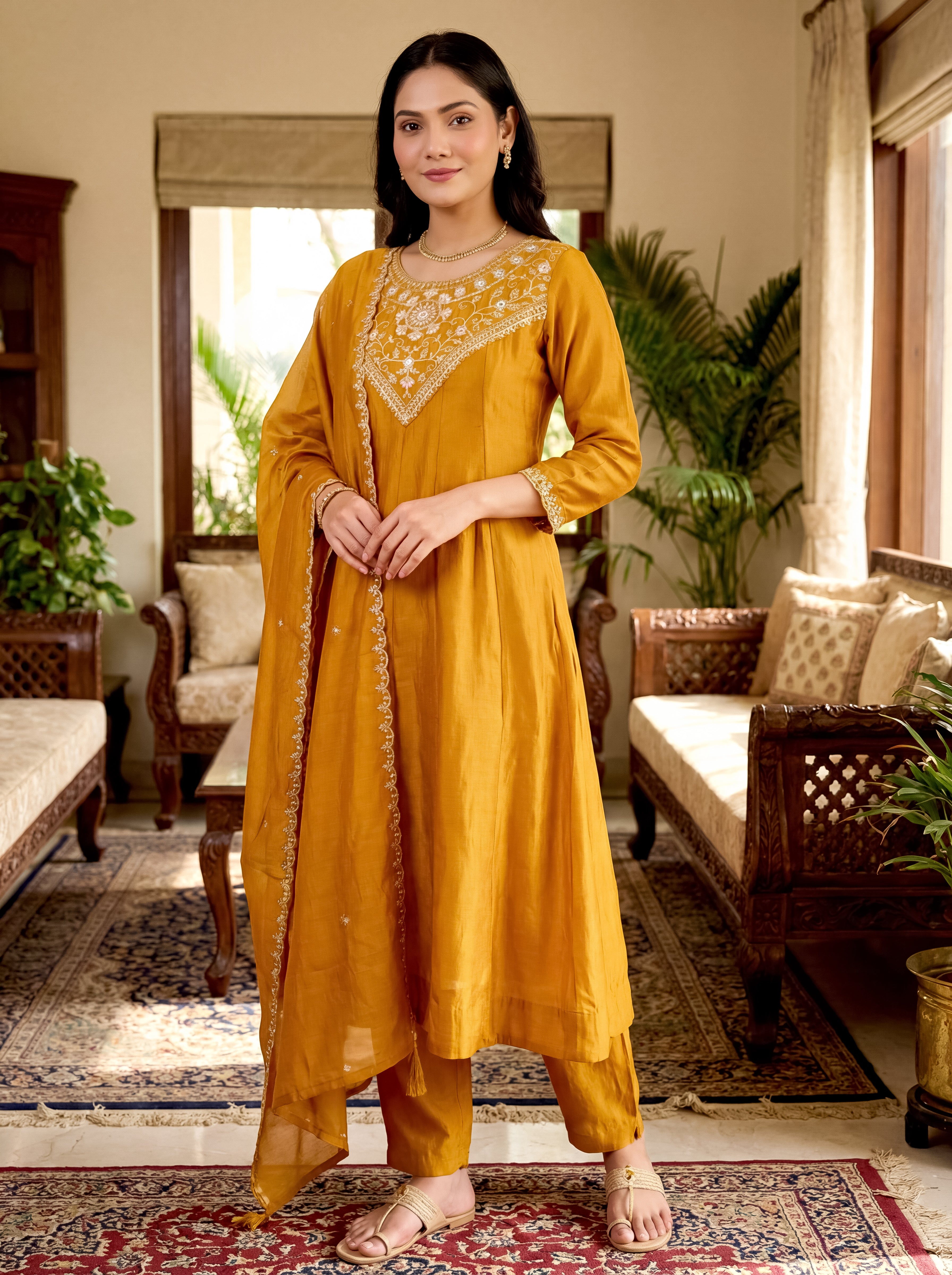 Elegant Mustard Vichitra Silk Embroidered Flared Kurti Set with Dupatta