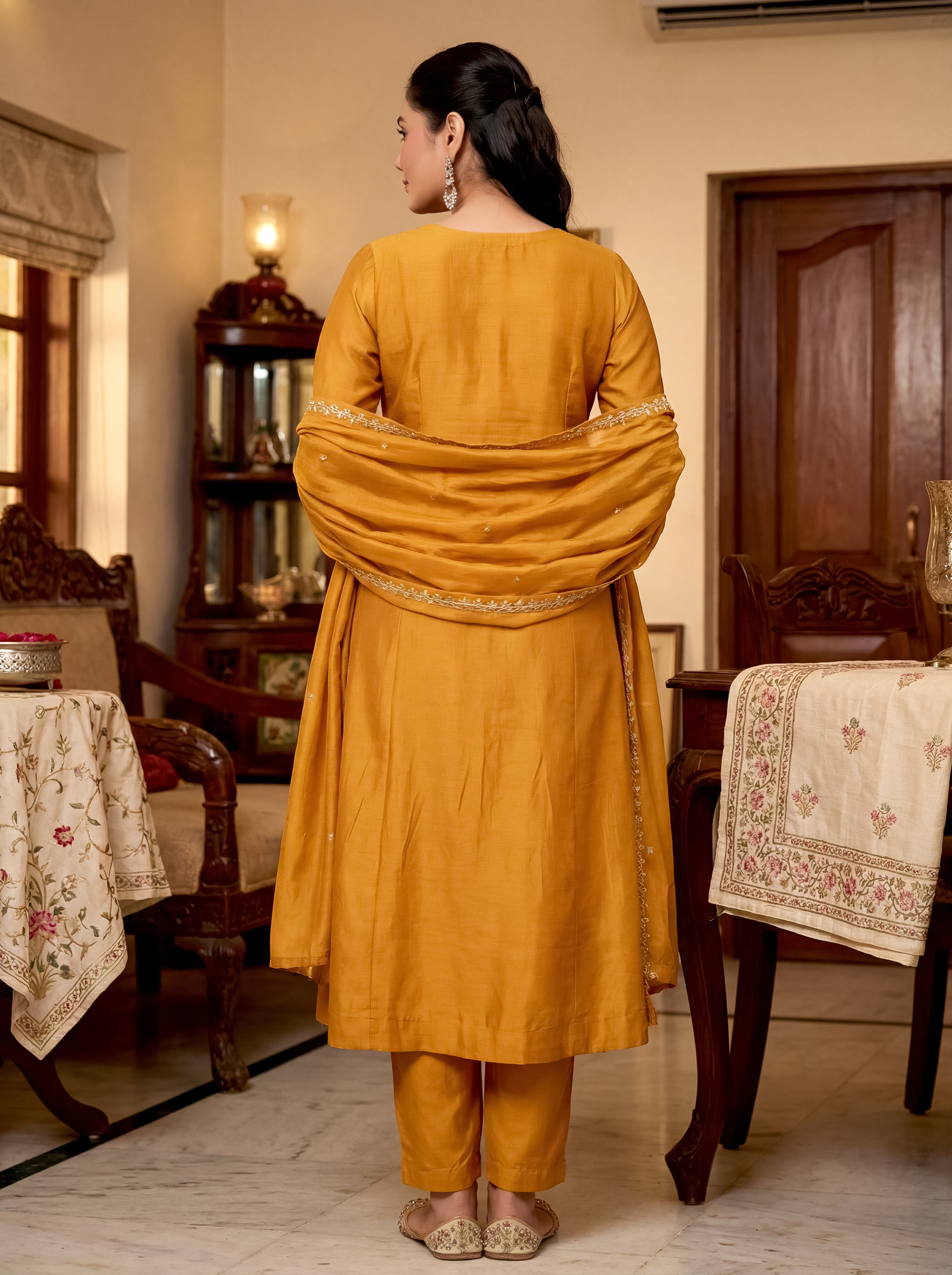 Elegant Mustard Vichitra Silk Embroidered Flared Kurti Set with Dupatta