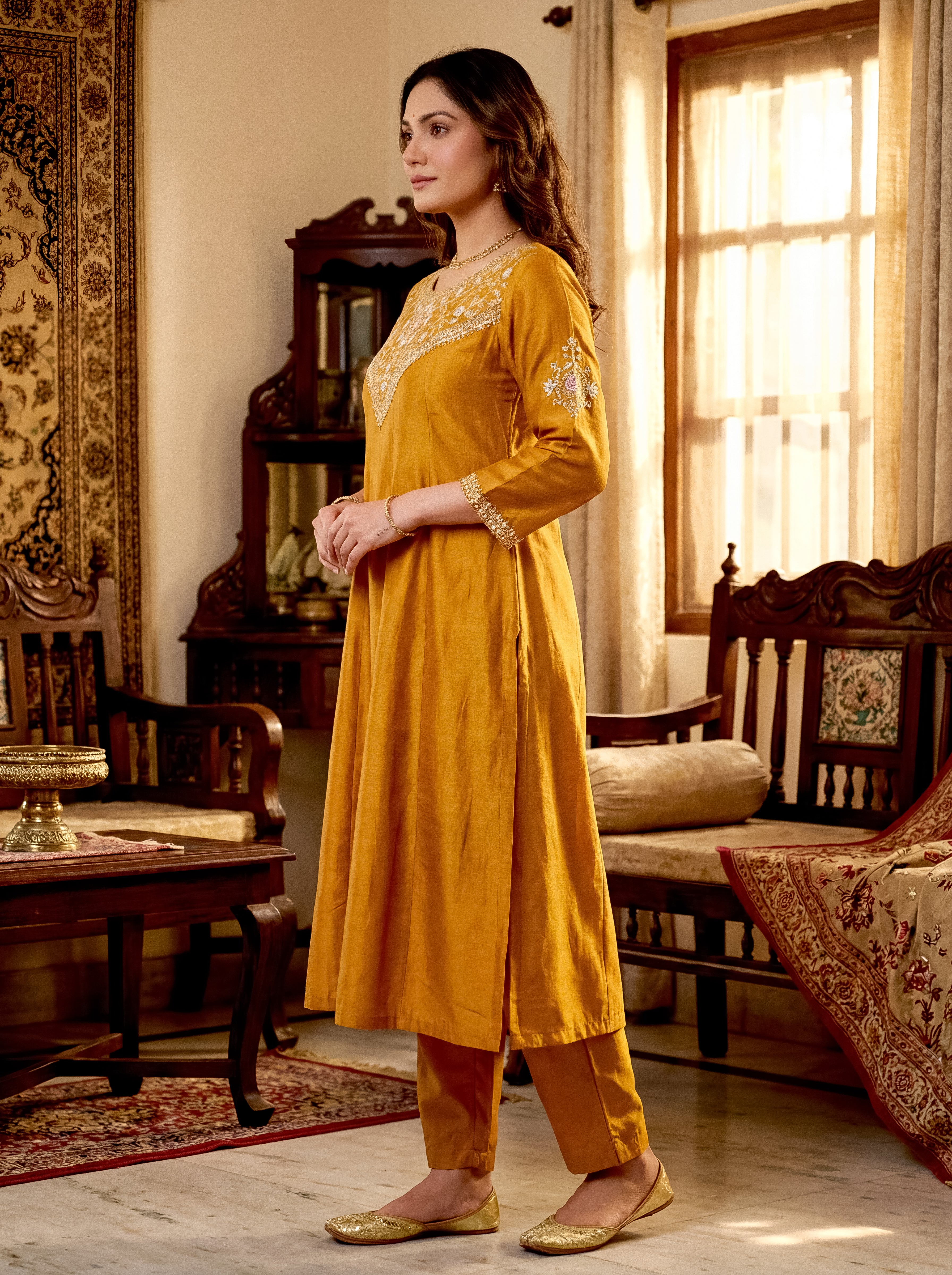 Elegant Mustard Vichitra Silk Embroidered Flared Kurti Set with Dupatta