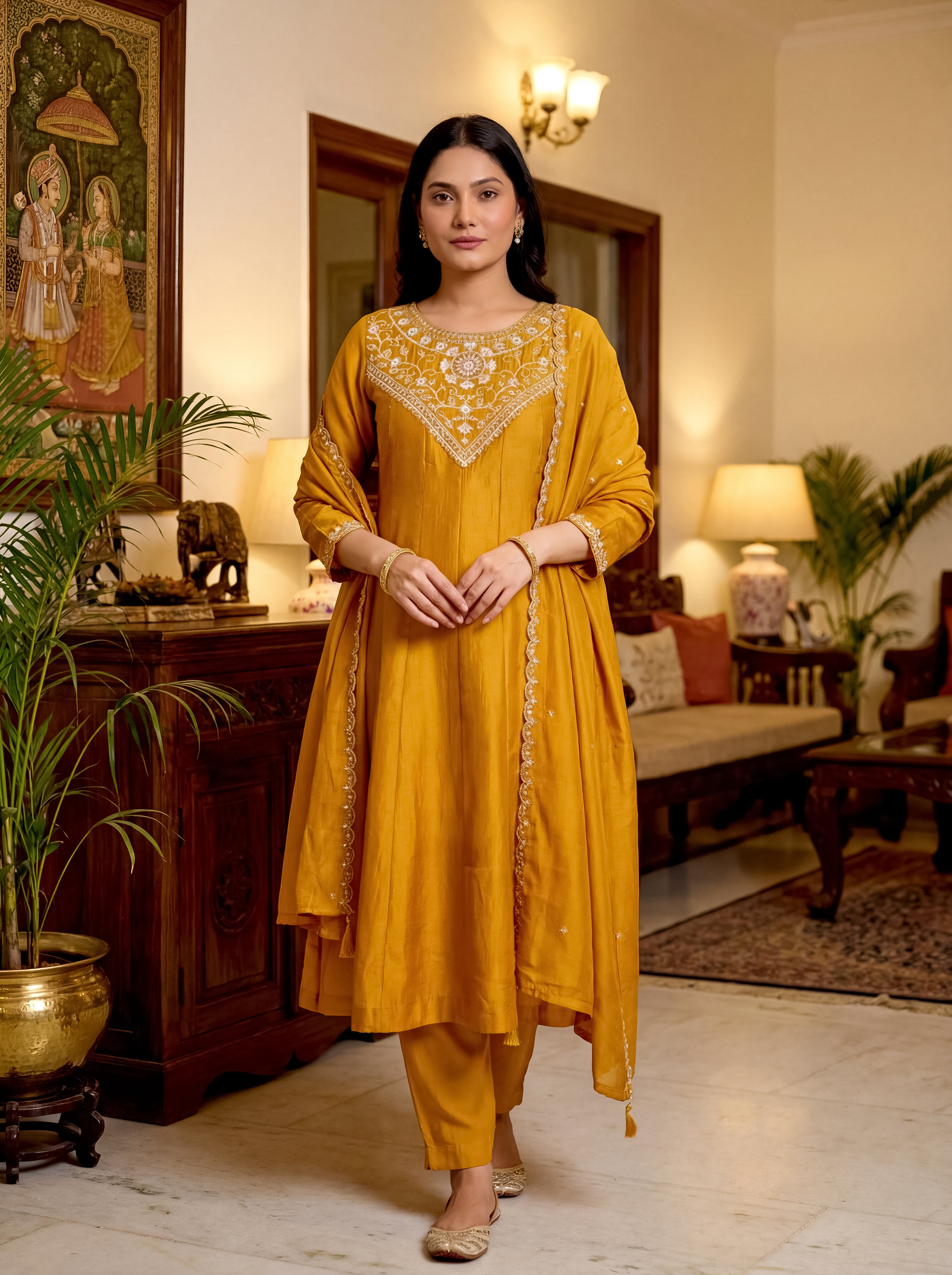 Elegant Mustard Vichitra Silk Embroidered Flared Kurti Set with Dupatta