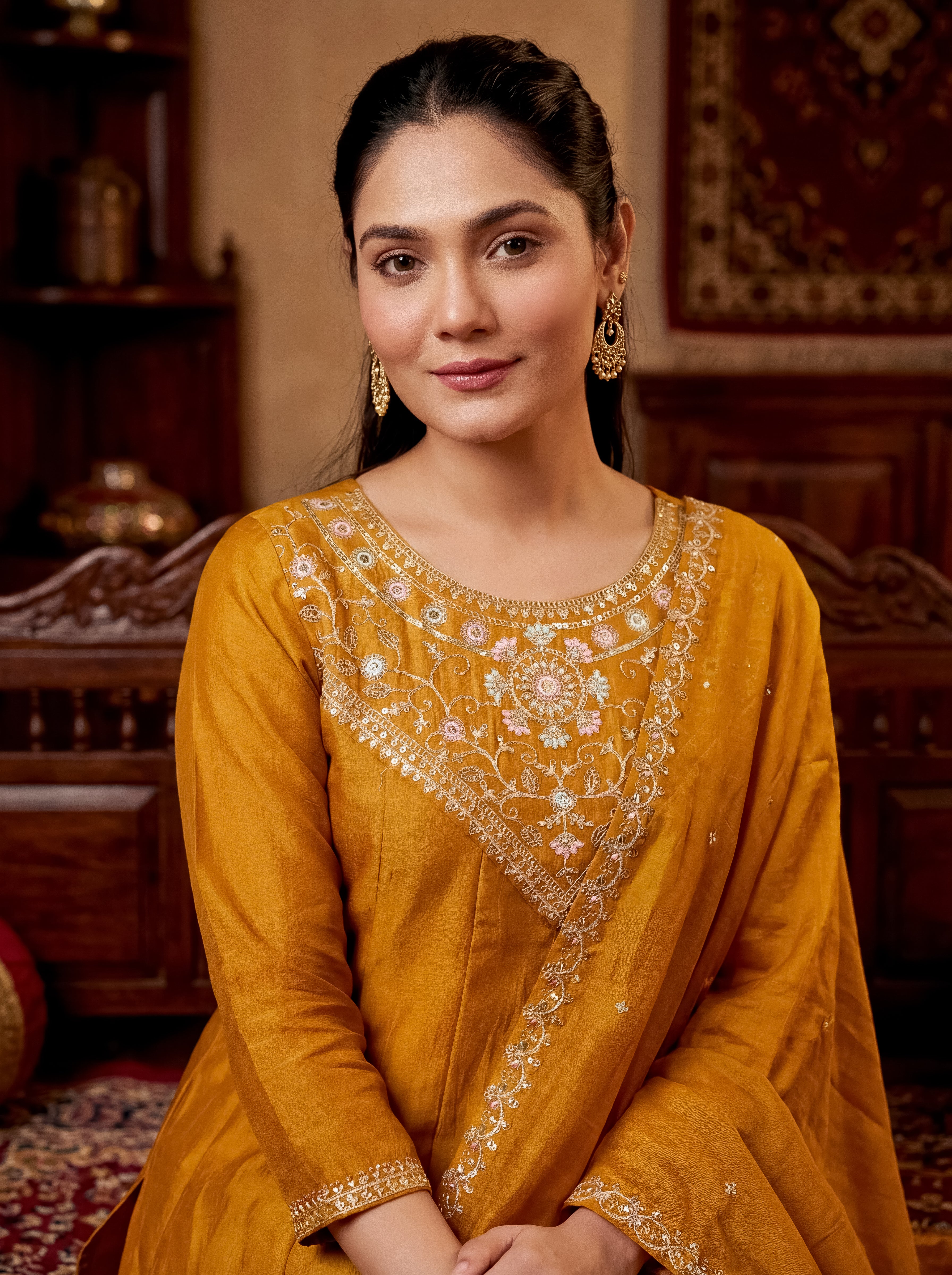 Elegant Mustard Vichitra Silk Embroidered Flared Kurti Set with Dupatta