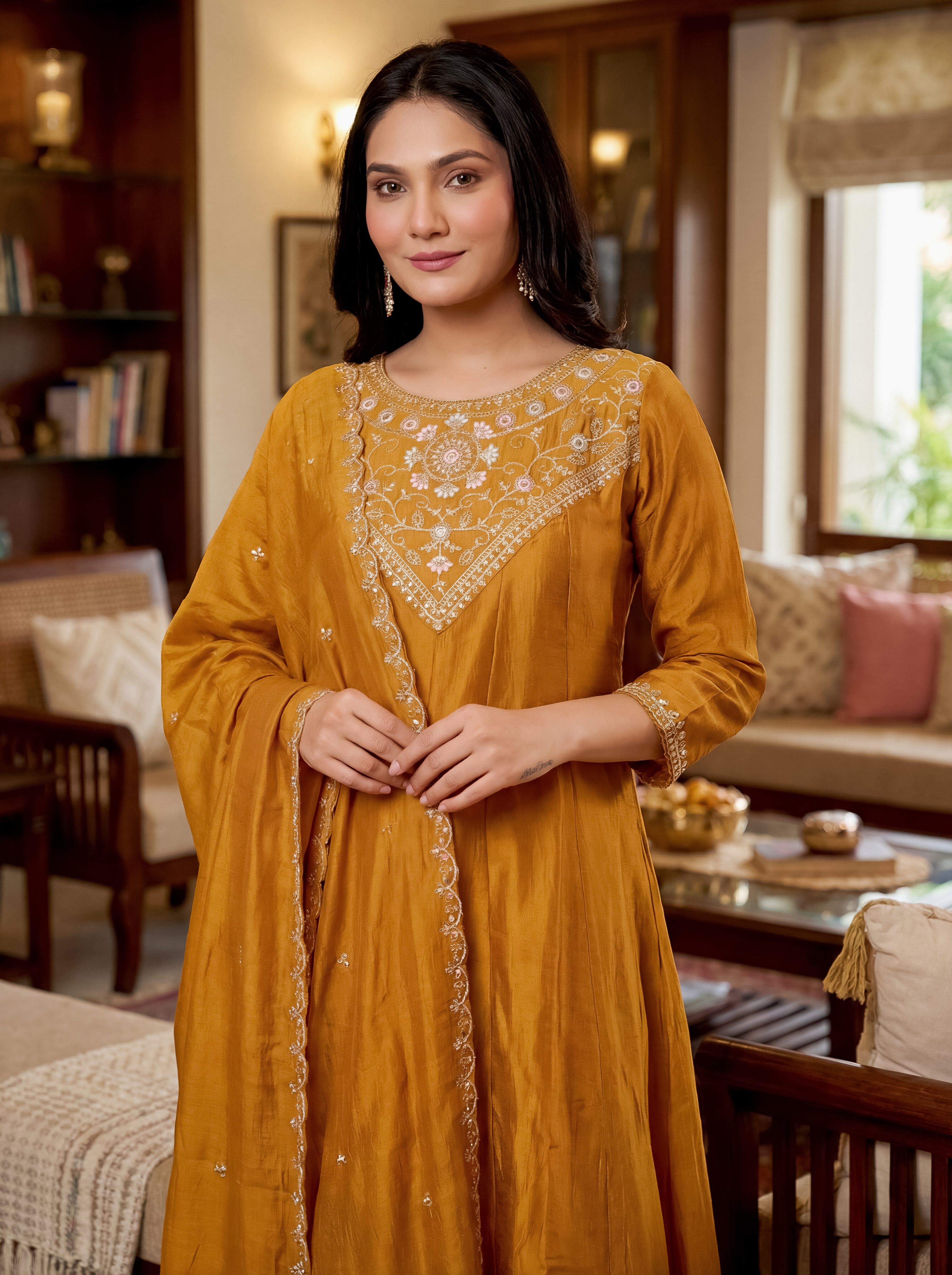 Elegant Mustard Vichitra Silk Embroidered Flared Kurti Set with Dupatta