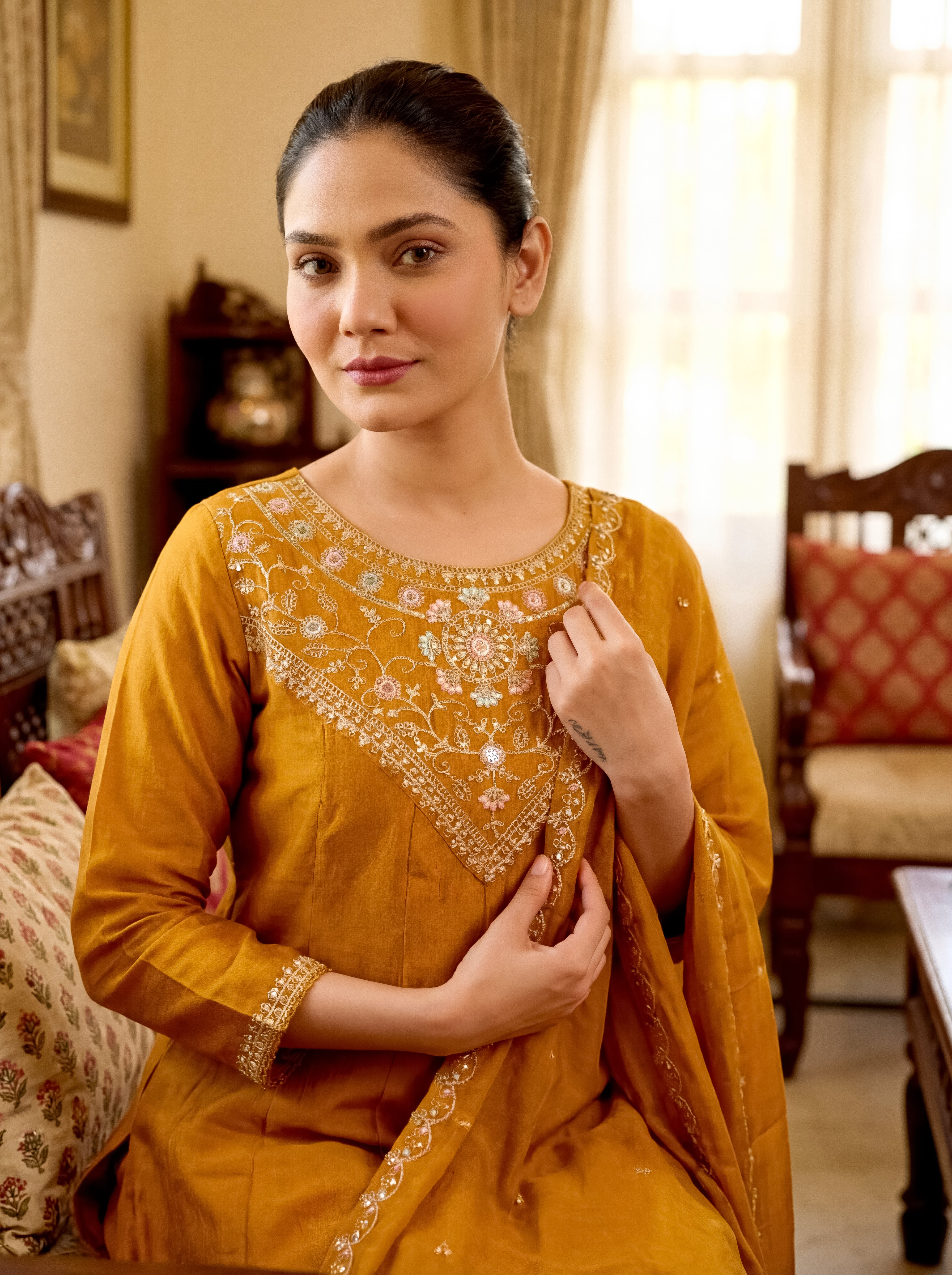 Elegant Mustard Vichitra Silk Embroidered Flared Kurti Set with Dupatta