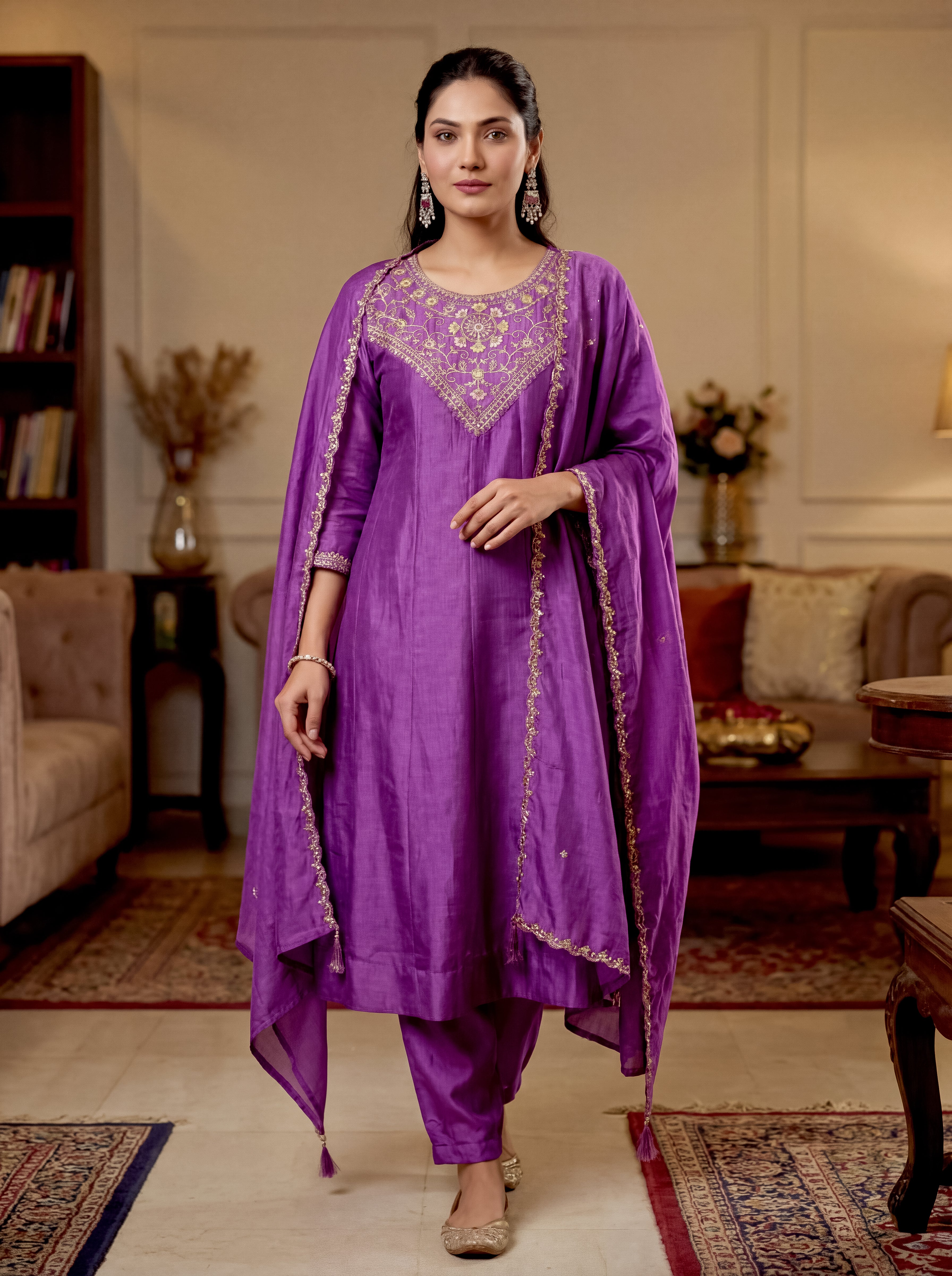 Elegant Purple Vichitra Silk Embroidered Flared Kurti Set with Dupatta (3-Piece Set)