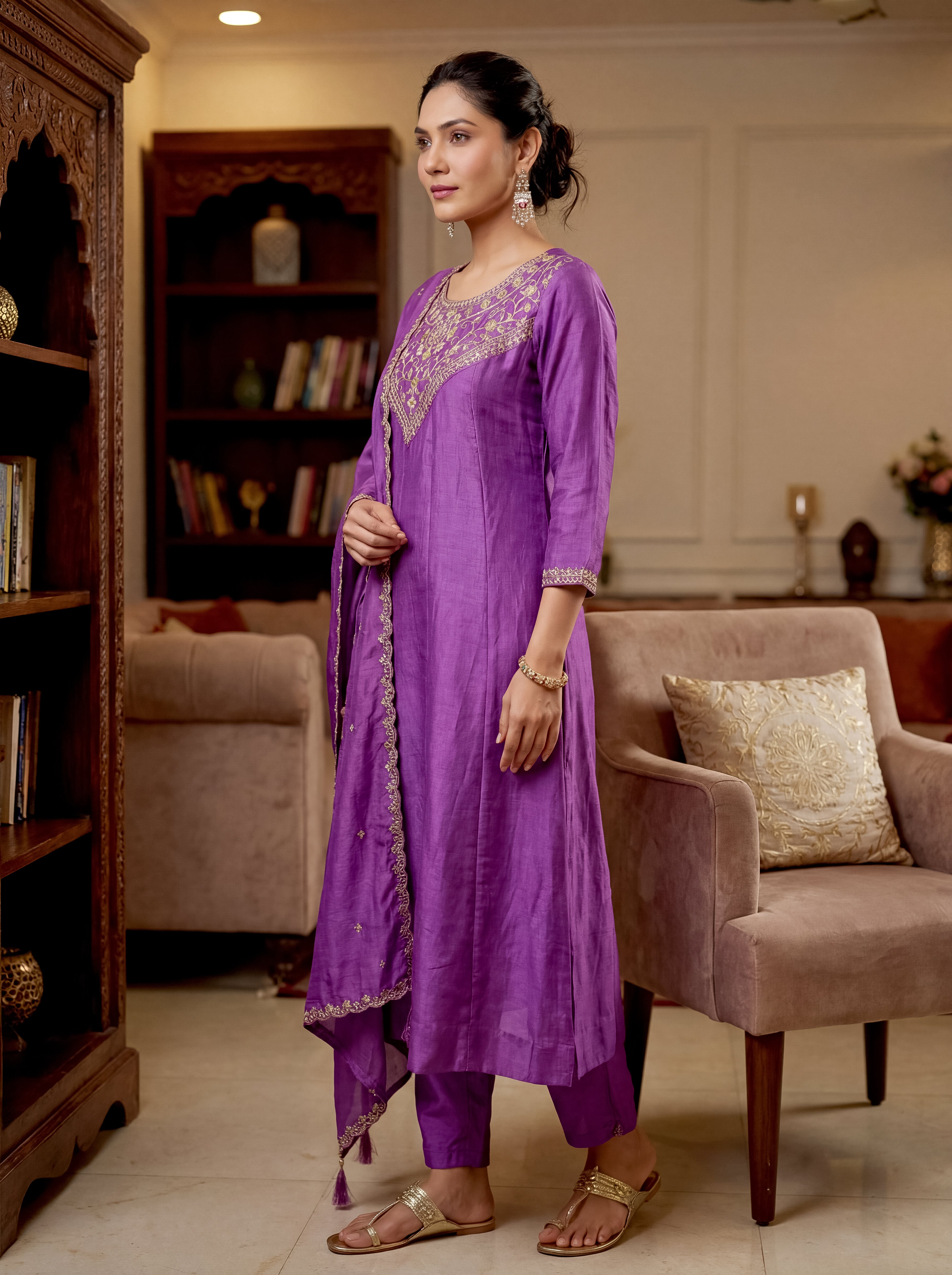 Elegant Purple Vichitra Silk Embroidered Flared Kurti Set with Dupatta (3-Piece Set)