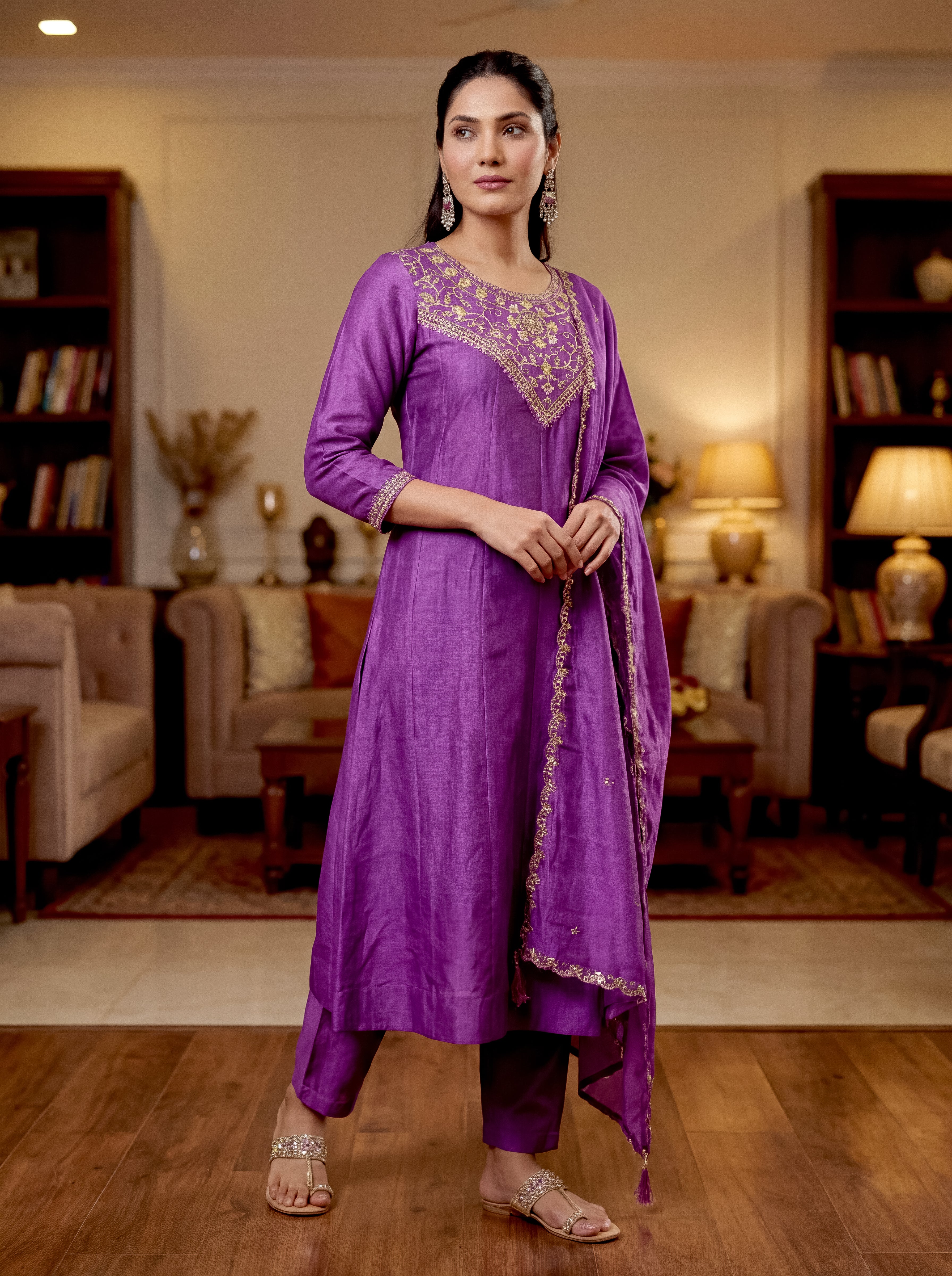 Elegant Purple Vichitra Silk Embroidered Flared Kurti Set with Dupatta (3-Piece Set)