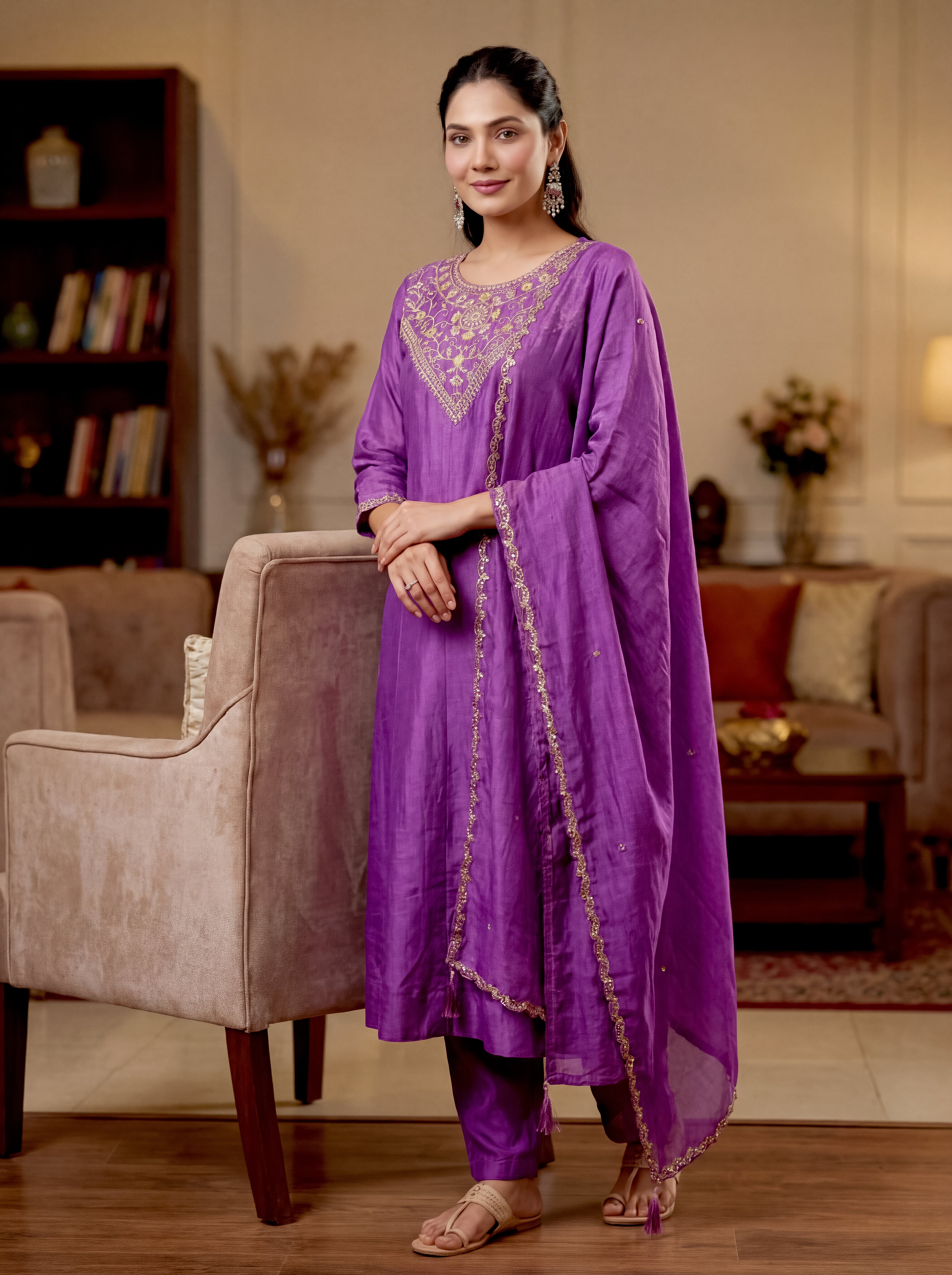 Elegant Purple Vichitra Silk Embroidered Flared Kurti Set with Dupatta (3-Piece Set)