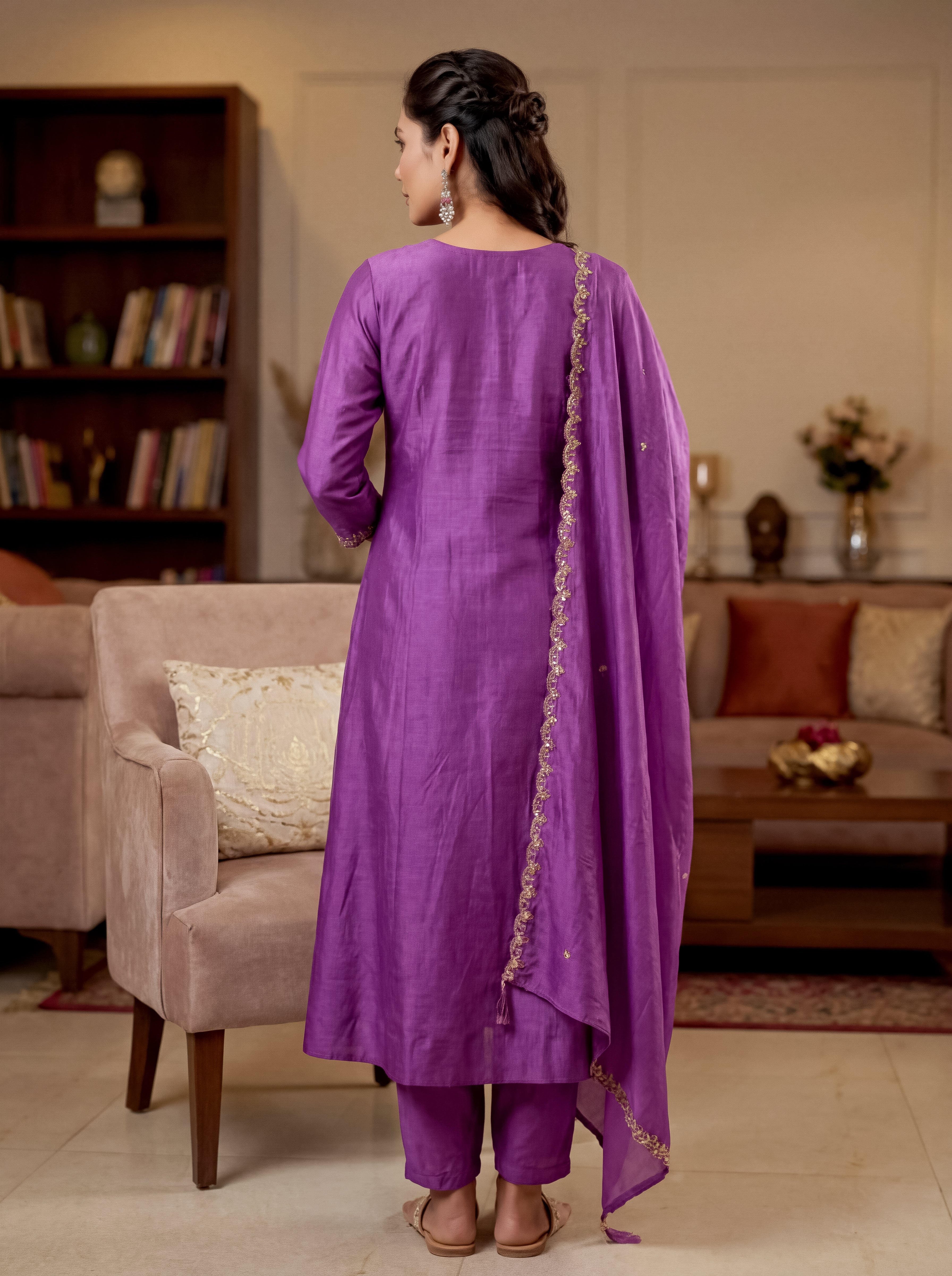 Elegant Purple Vichitra Silk Embroidered Flared Kurti Set with Dupatta (3-Piece Set)