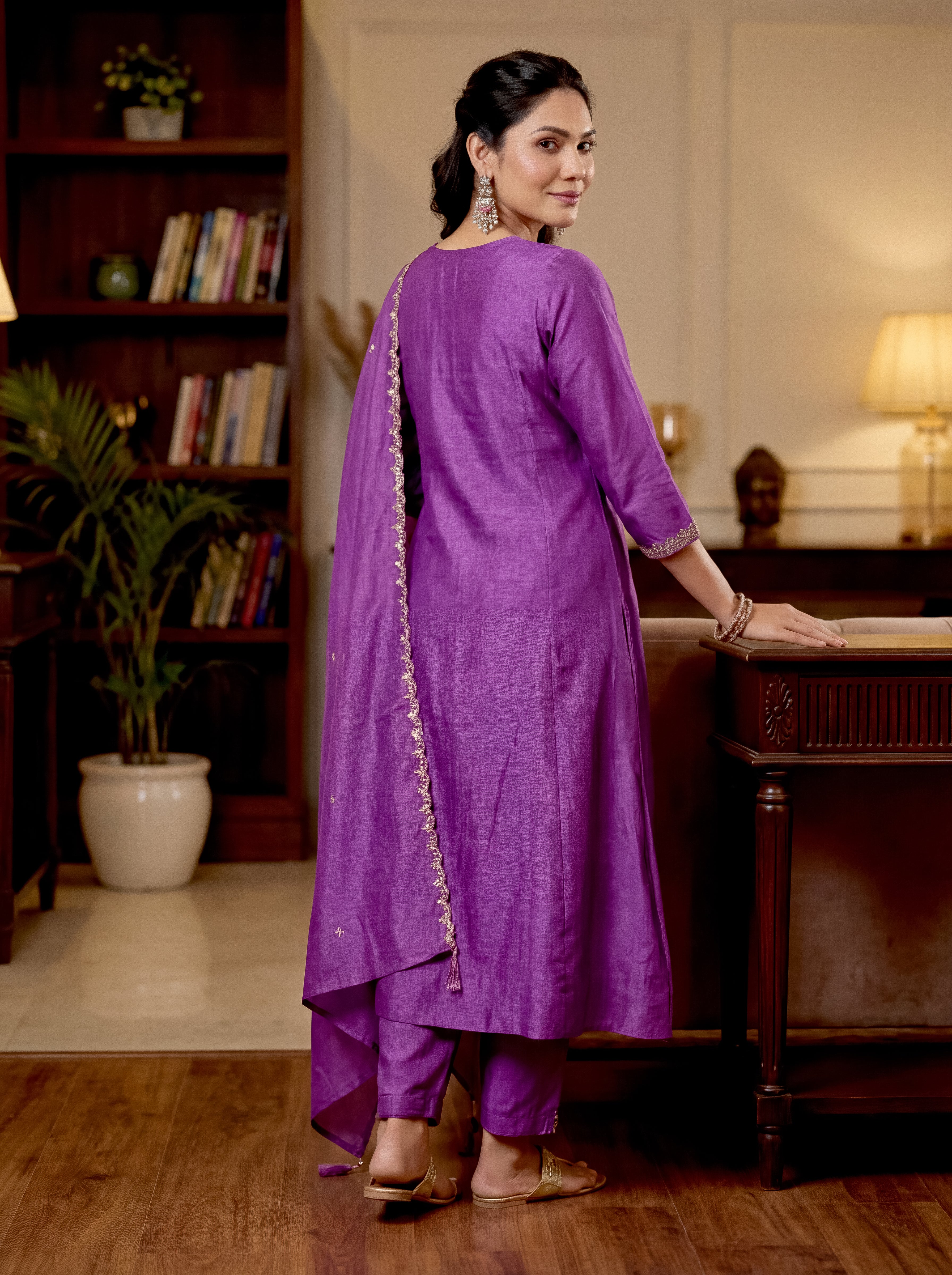 Elegant Purple Vichitra Silk Embroidered Flared Kurti Set with Dupatta (3-Piece Set)