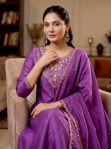 Elegant Purple Vichitra Silk Embroidered Flared Kurti Set with Dupatta (3-Piece Set)