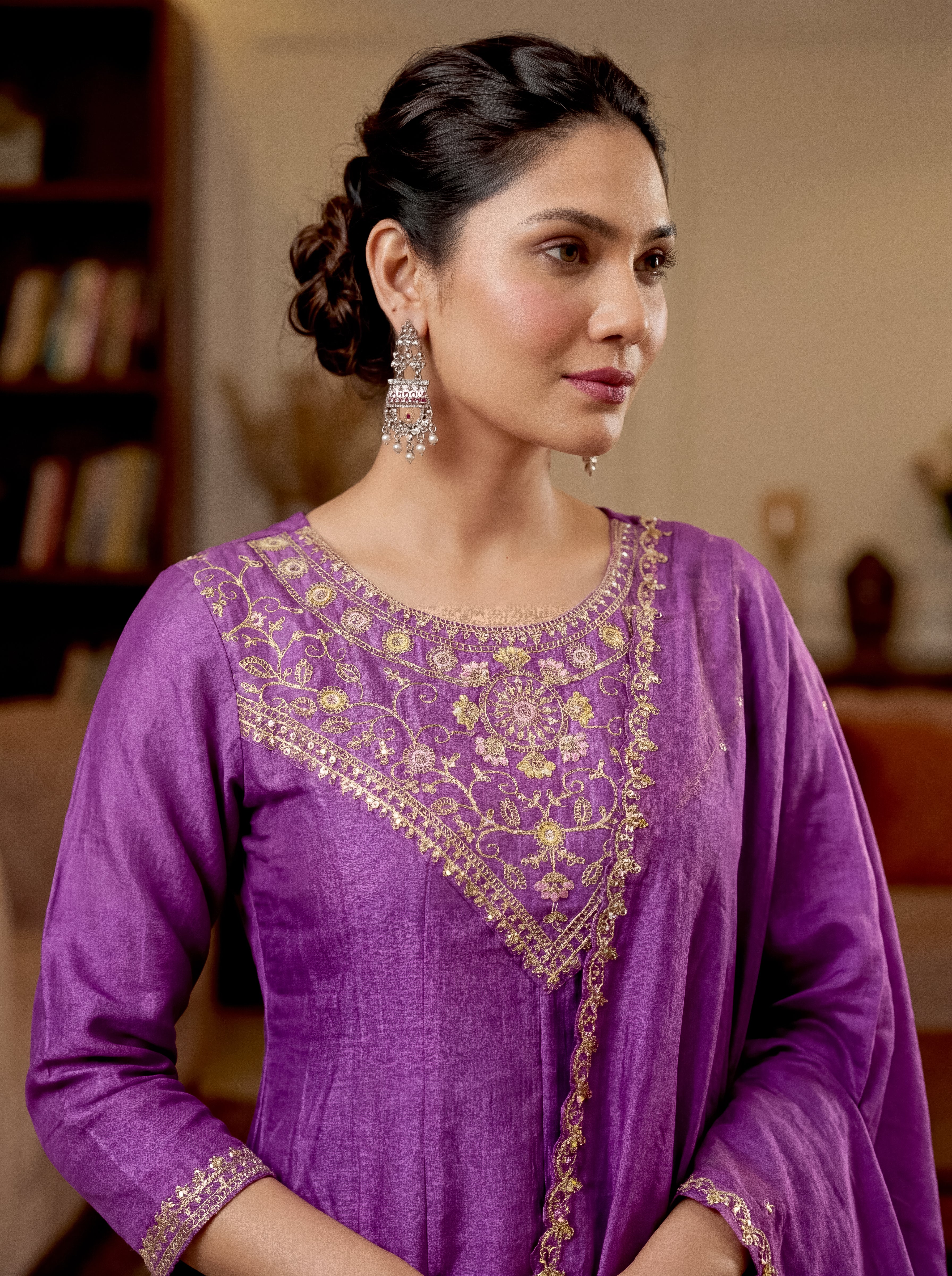 Elegant Purple Vichitra Silk Embroidered Flared Kurti Set with Dupatta (3-Piece Set)
