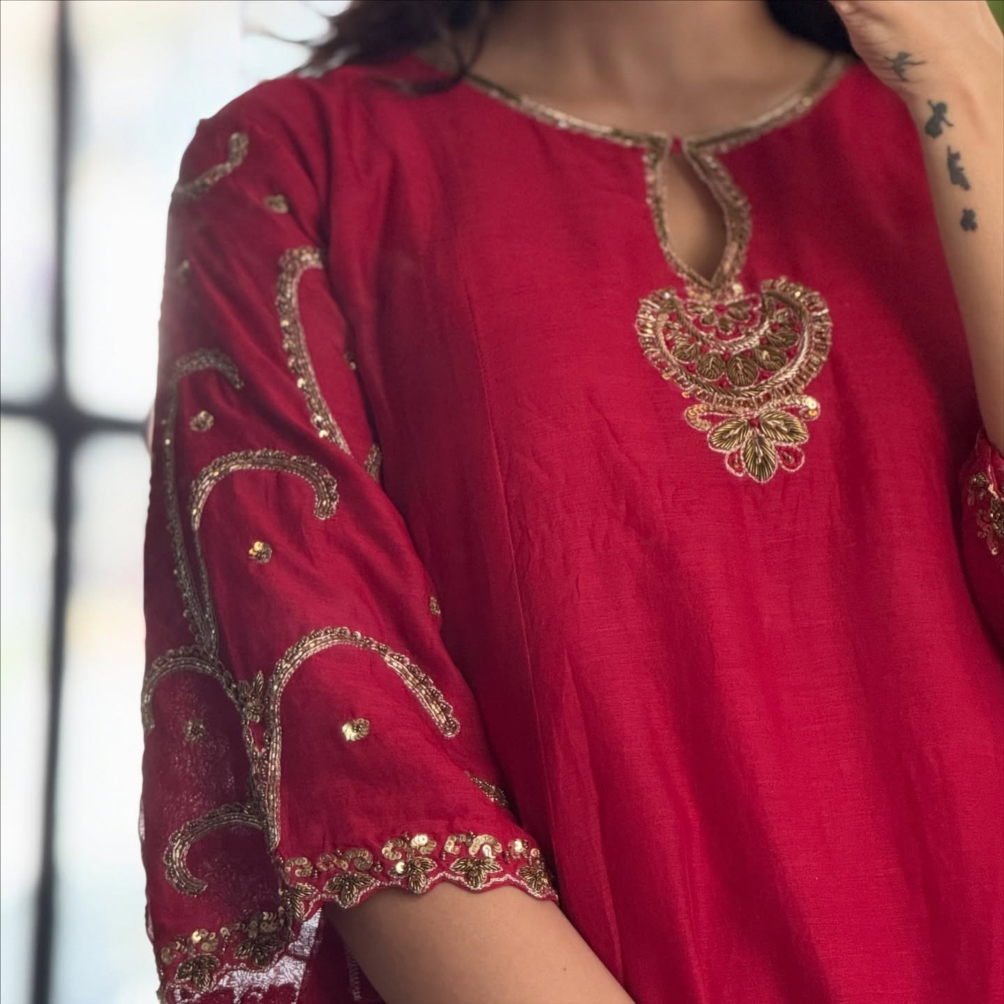 Elegant Red Chanderi Viscose Embroidered Kurti Set with Muslin Dupatta | Festive & Ethnic Wear (S–XXL)