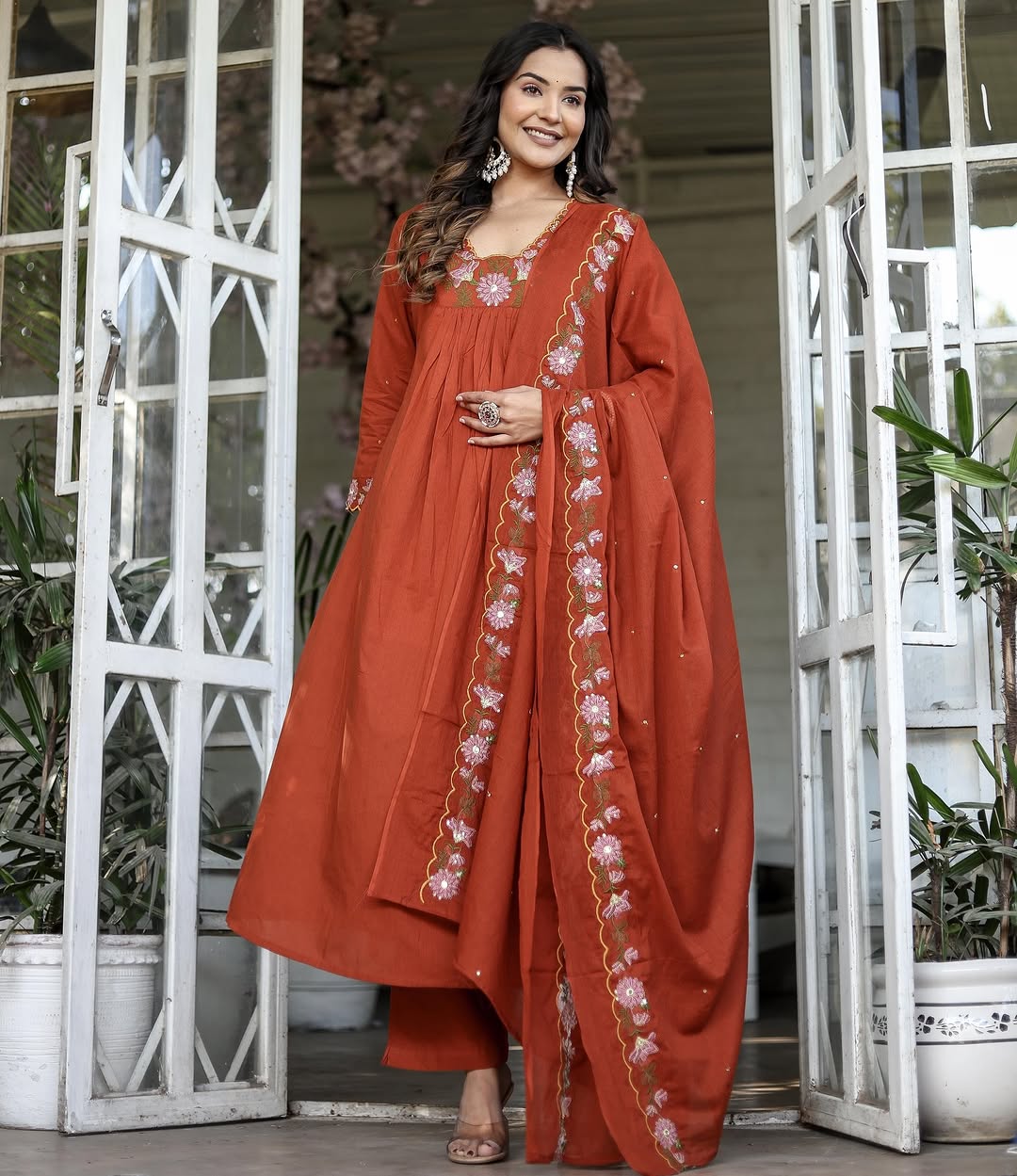 Elegant Rust Orange Rayon Slub Embroidered Kurti Set with Chanderi Cotton Dupatta | Festive & Ethnic Wear (S–XXL)
