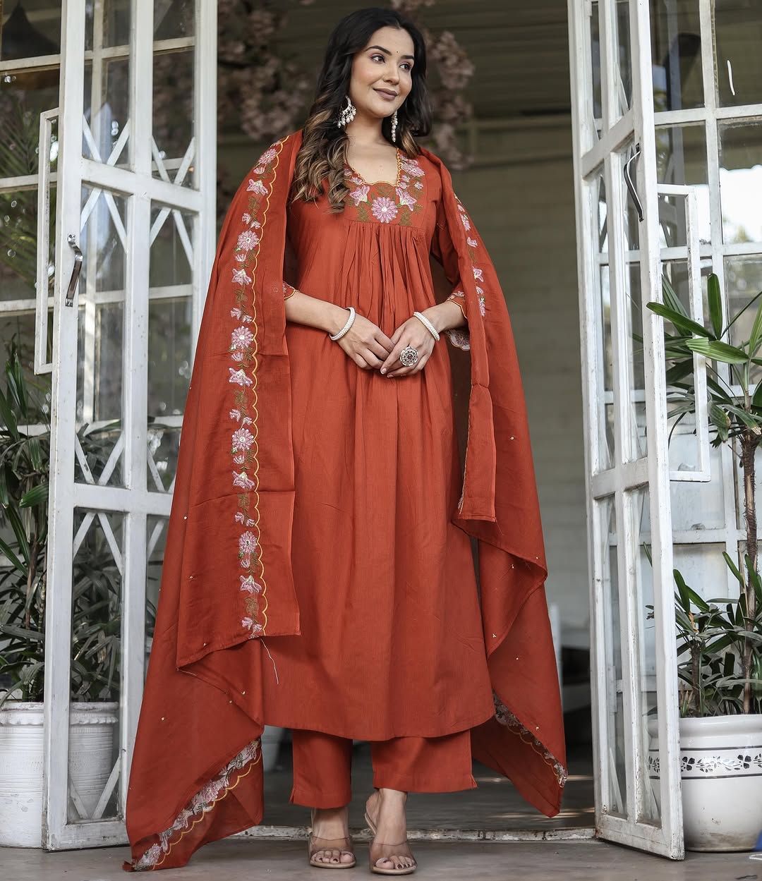 Elegant Rust Orange Rayon Slub Embroidered Kurti Set with Chanderi Cotton Dupatta | Festive & Ethnic Wear (S–XXL)
