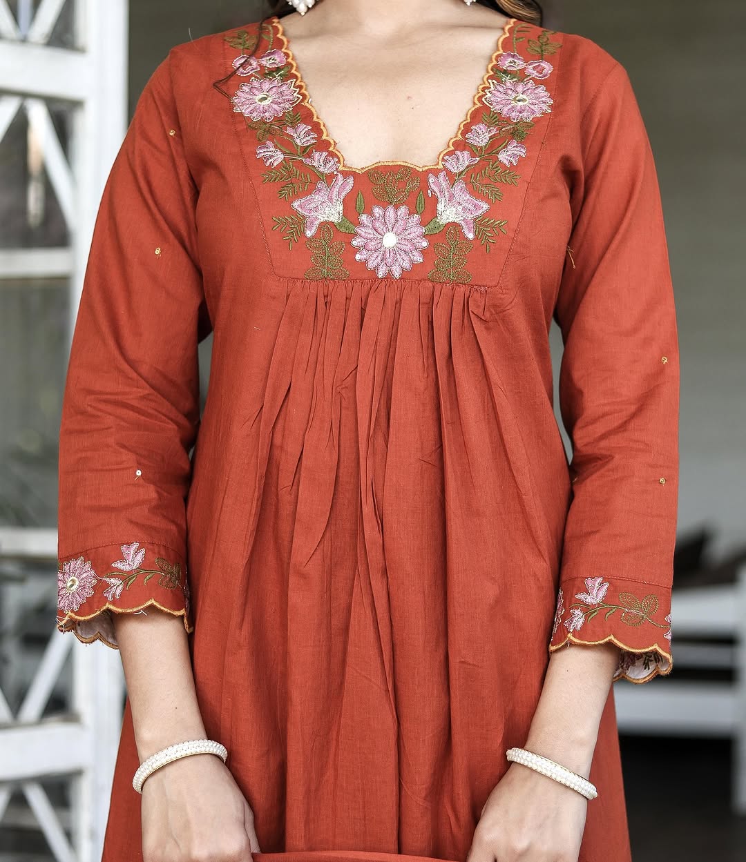 Elegant Rust Orange Rayon Slub Embroidered Kurti Set with Chanderi Cotton Dupatta | Festive & Ethnic Wear (S–XXL)