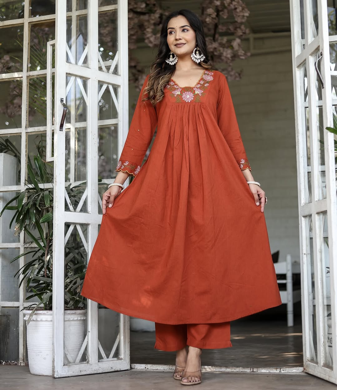 Elegant Rust Orange Rayon Slub Embroidered Kurti Set with Chanderi Cotton Dupatta | Festive & Ethnic Wear (S–XXL)