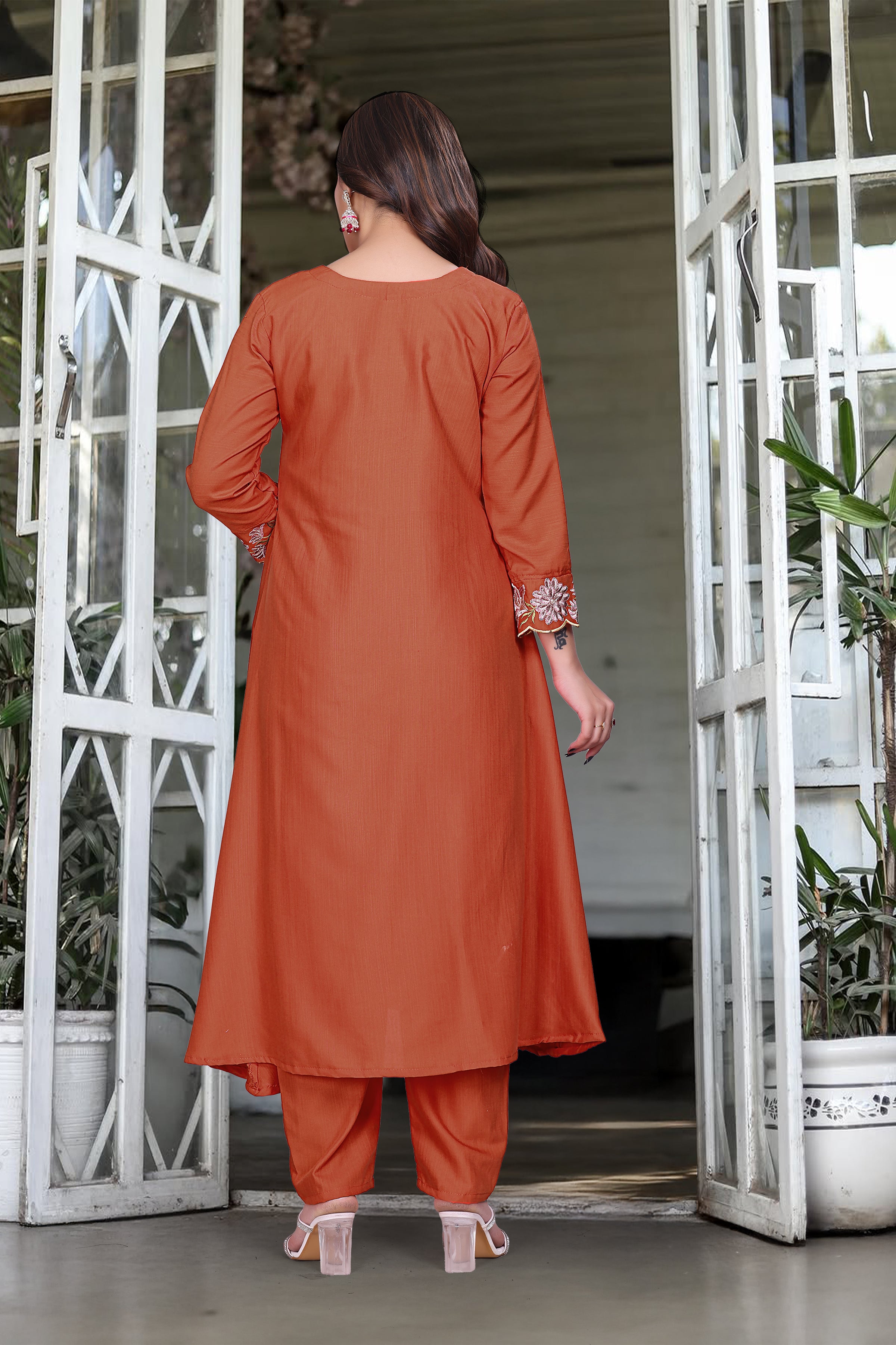 Elegant Rust Orange Rayon Slub Embroidered Kurti Set with Chanderi Cotton Dupatta | Festive & Ethnic Wear (S–XXL)