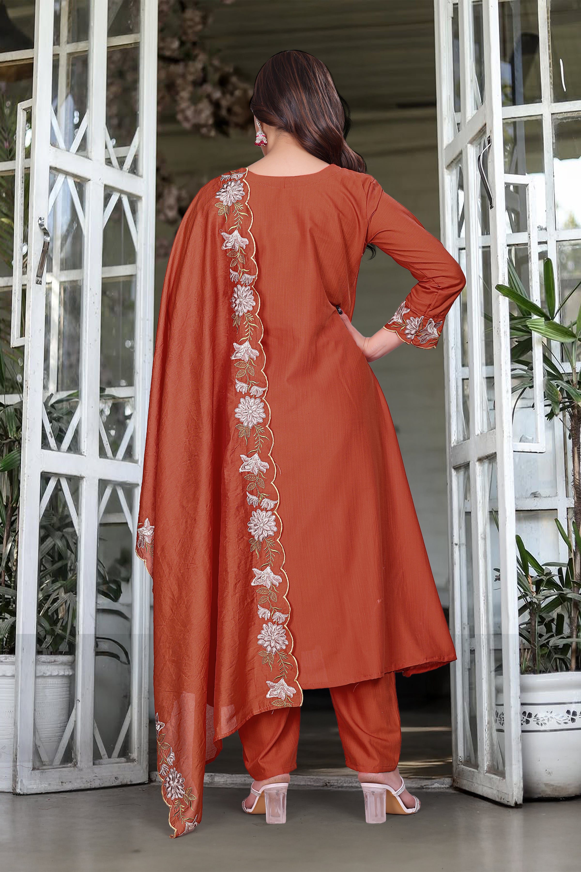 Elegant Rust Orange Rayon Slub Embroidered Kurti Set with Chanderi Cotton Dupatta | Festive & Ethnic Wear (S–XXL)