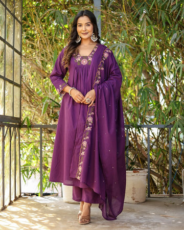 Elegant Purple Rayon Slub Embroidered Kurti Set with Chanderi Dupatta (3-Piece Set)