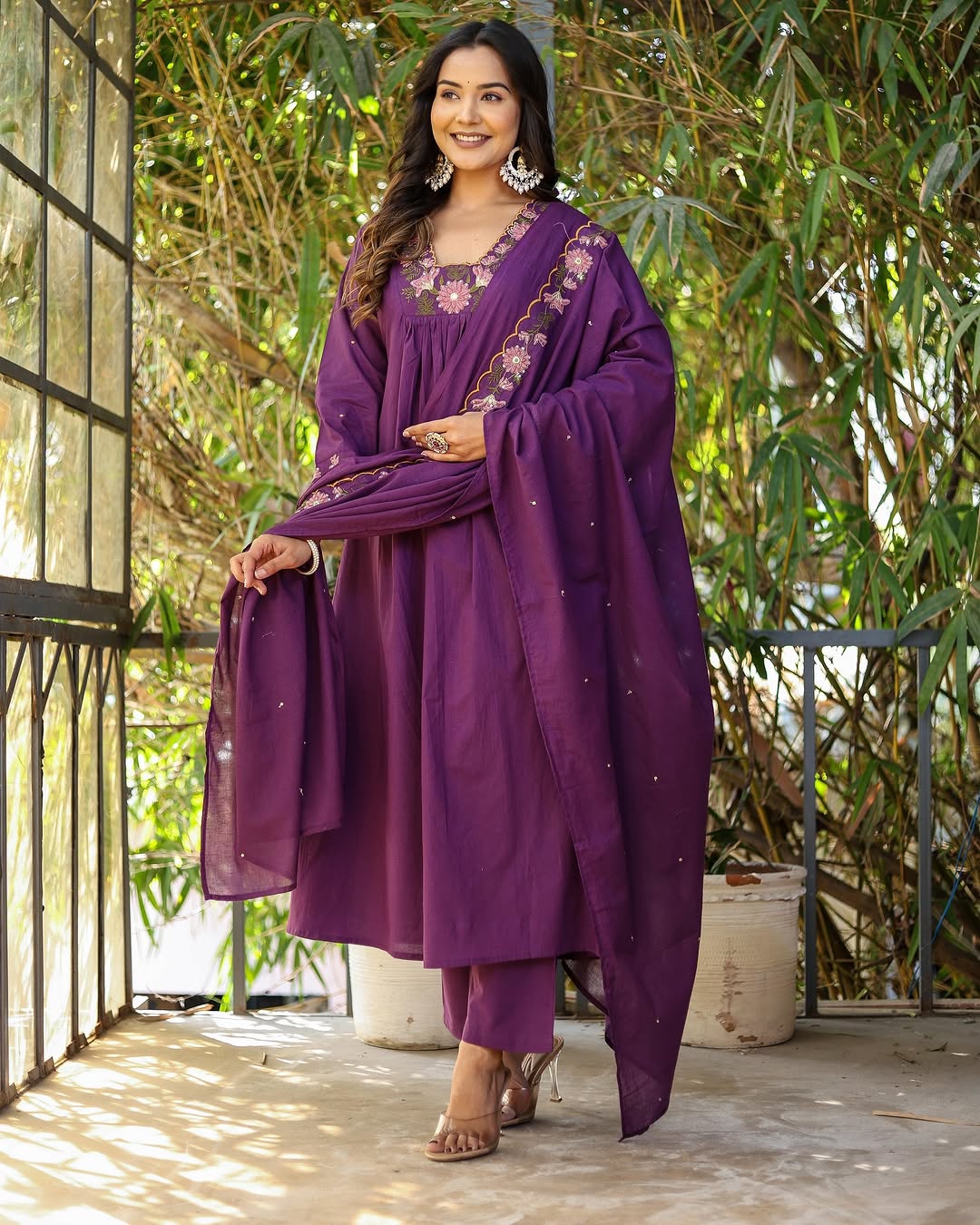 Elegant Purple Rayon Slub Embroidered Kurti Set with Chanderi Dupatta (3-Piece Set)