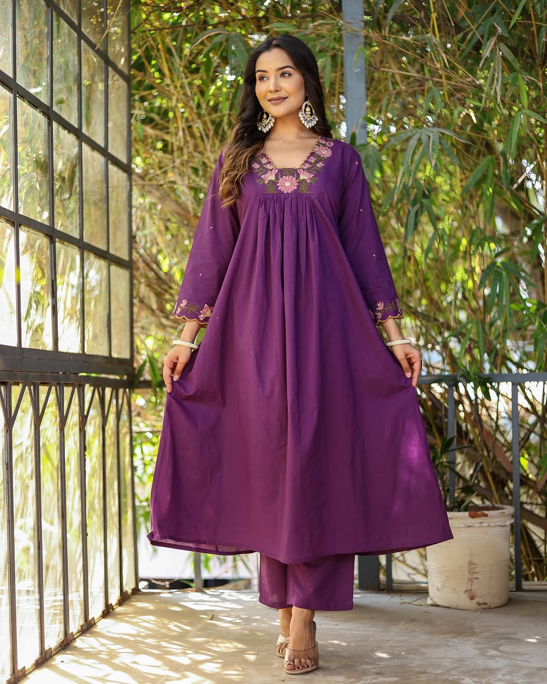 Elegant Purple Rayon Slub Embroidered Kurti Set with Chanderi Dupatta (3-Piece Set)