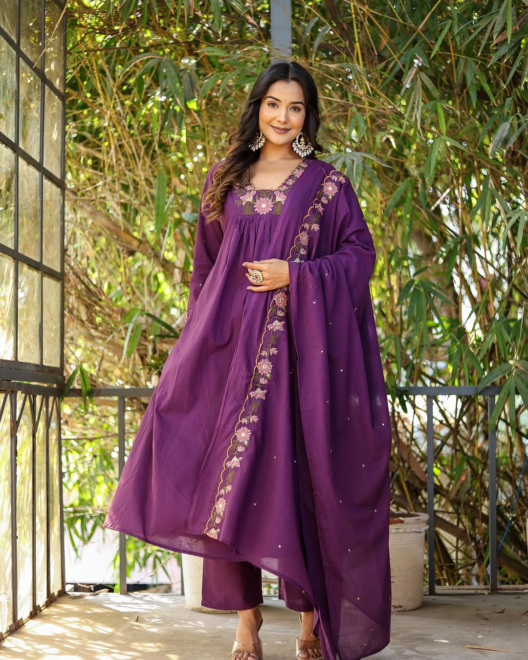 Elegant Purple Rayon Slub Embroidered Kurti Set with Chanderi Dupatta (3-Piece Set)