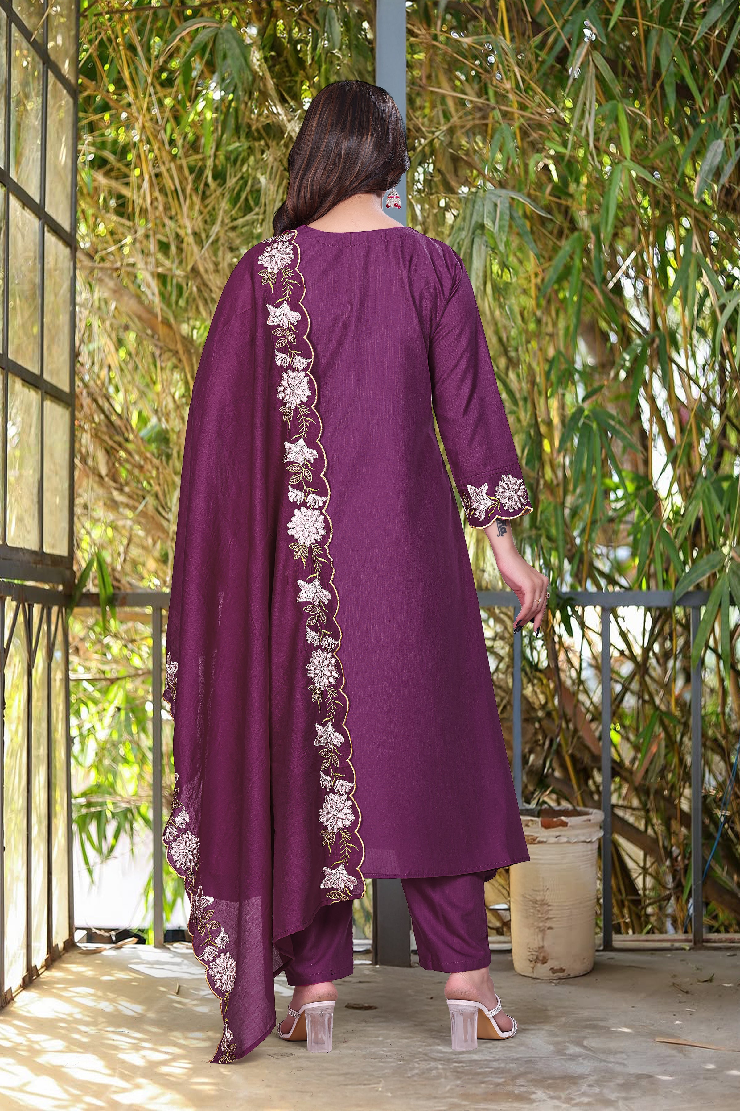 Elegant Purple Rayon Slub Embroidered Kurti Set with Chanderi Dupatta (3-Piece Set)