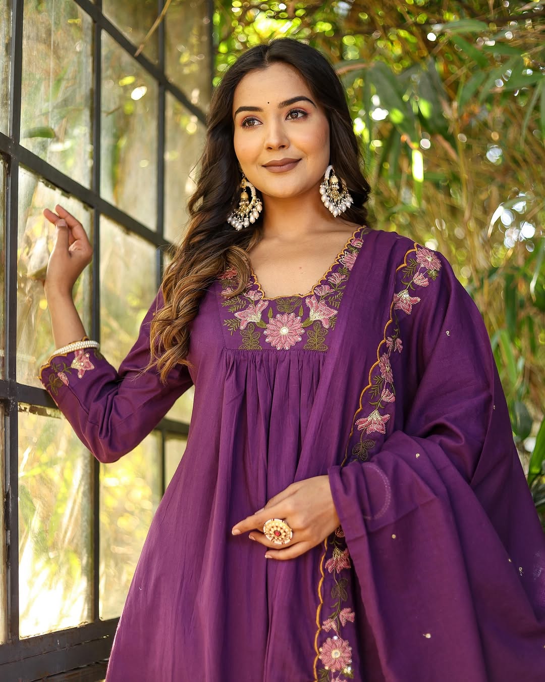 Elegant Purple Rayon Slub Embroidered Kurti Set with Chanderi Dupatta (3-Piece Set)