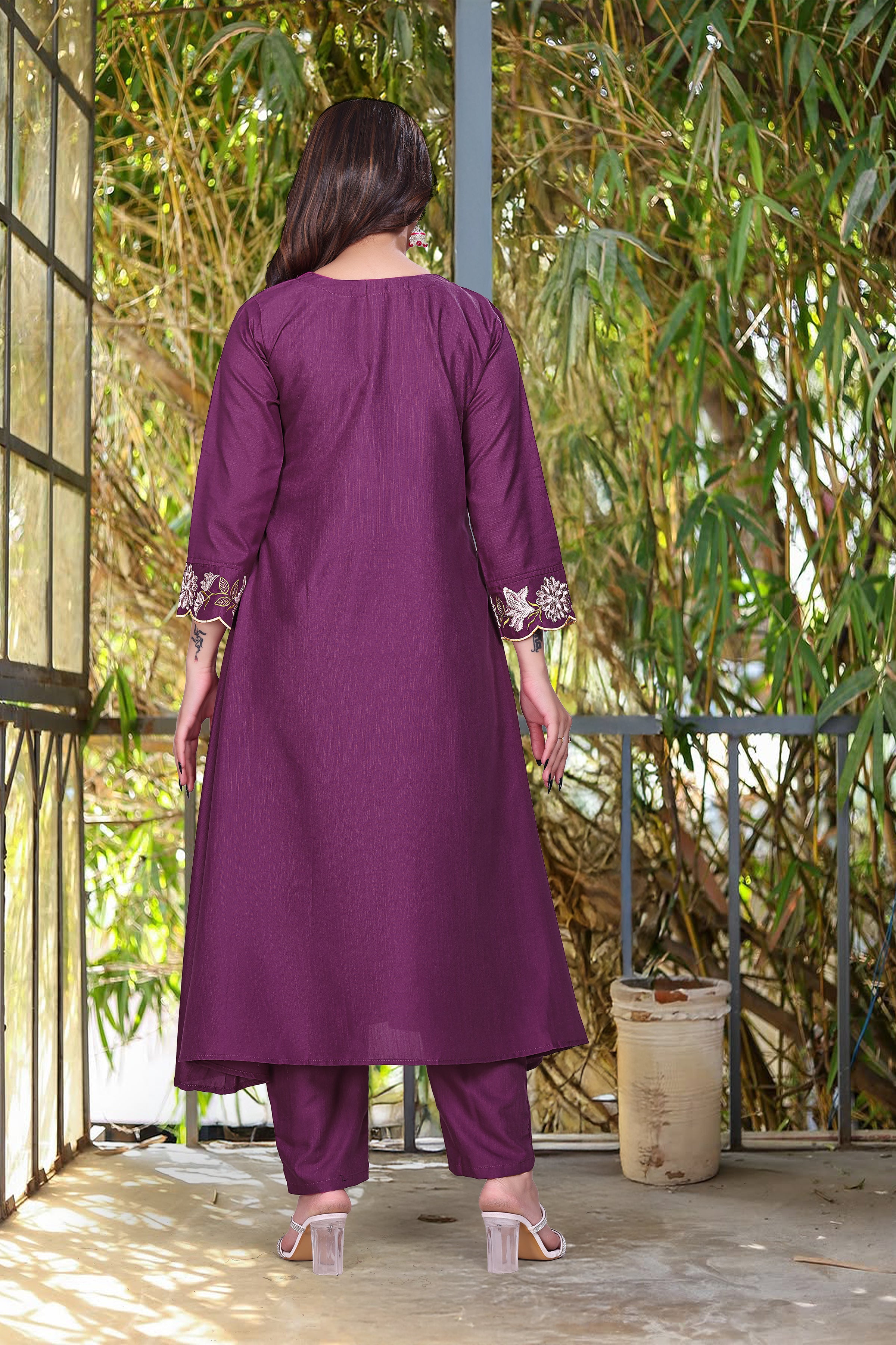 Elegant Purple Rayon Slub Embroidered Kurti Set with Chanderi Dupatta (3-Piece Set)