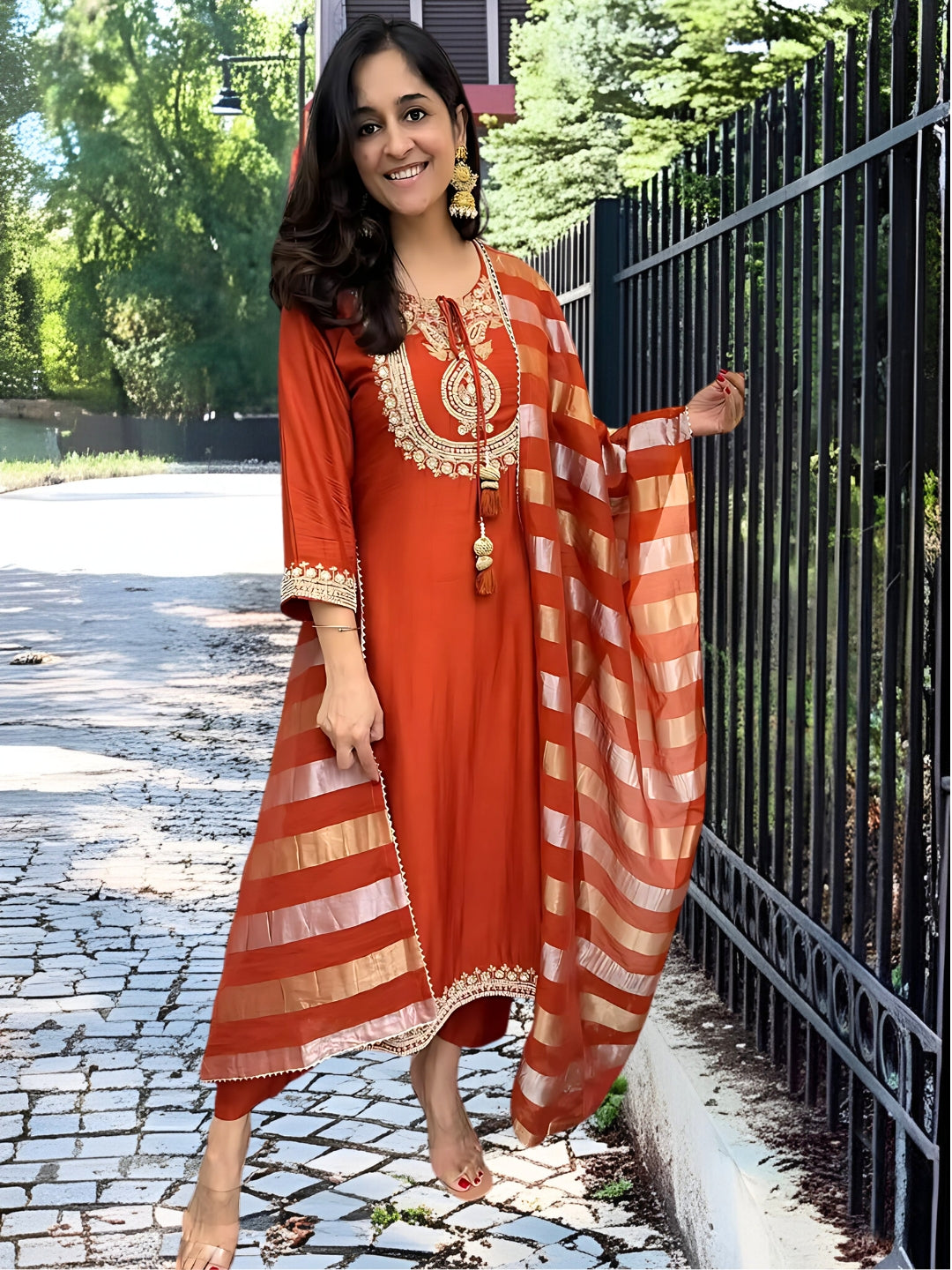 Elegant Orange Chanderi Embroidered Kurti Set with Viscose Silk Dupatta