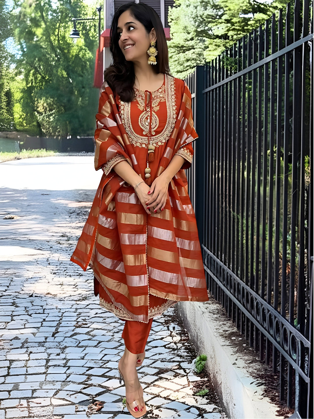 Elegant Orange Chanderi Embroidered Kurti Set with Viscose Silk Dupatta