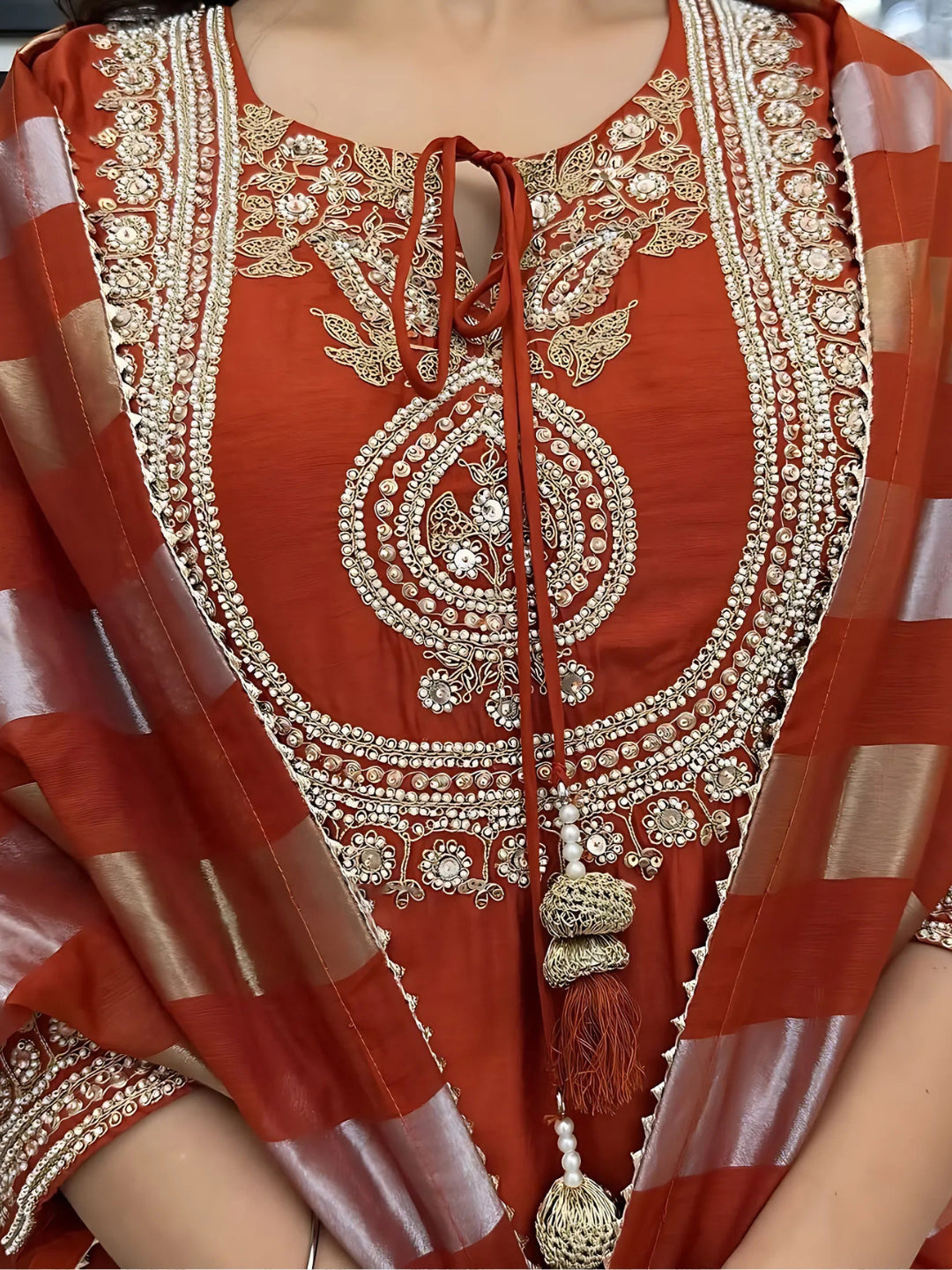 Elegant Orange Chanderi Embroidered Kurti Set with Viscose Silk Dupatta