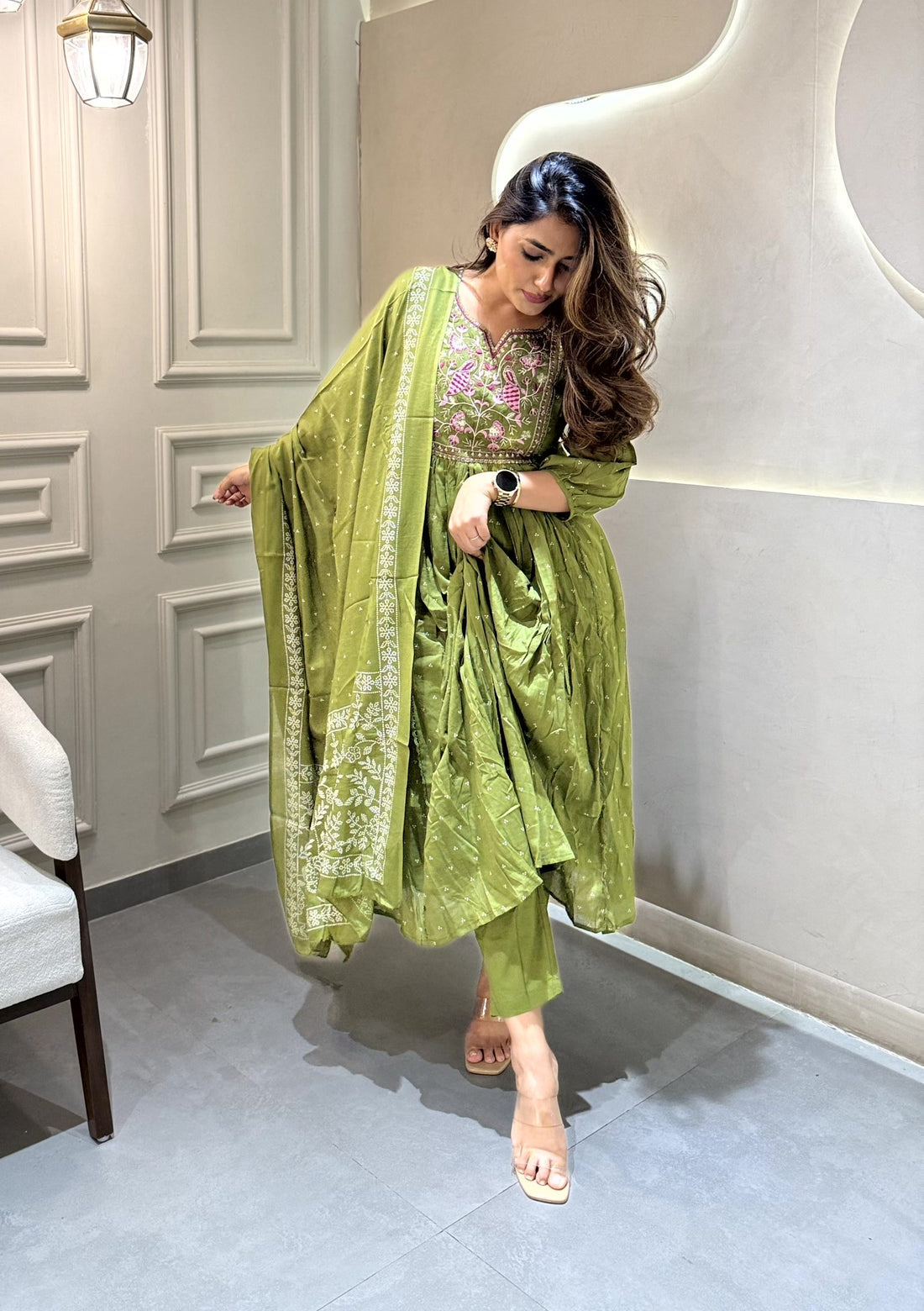 Elegant Green Cotton Embroidered Kurti Set with Dupatta | Flared Ethnic Wear (3-Piece Set)